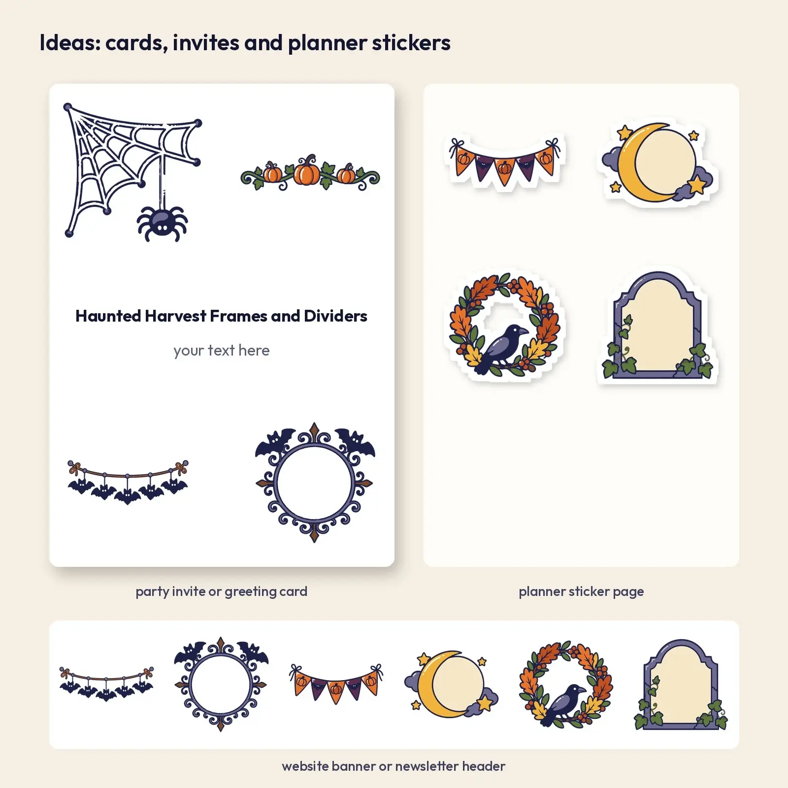 Haunted Harvest Frames, Corners and Dividers – 8 Flat Vector Decorative Clip Art, preview 4 of 4