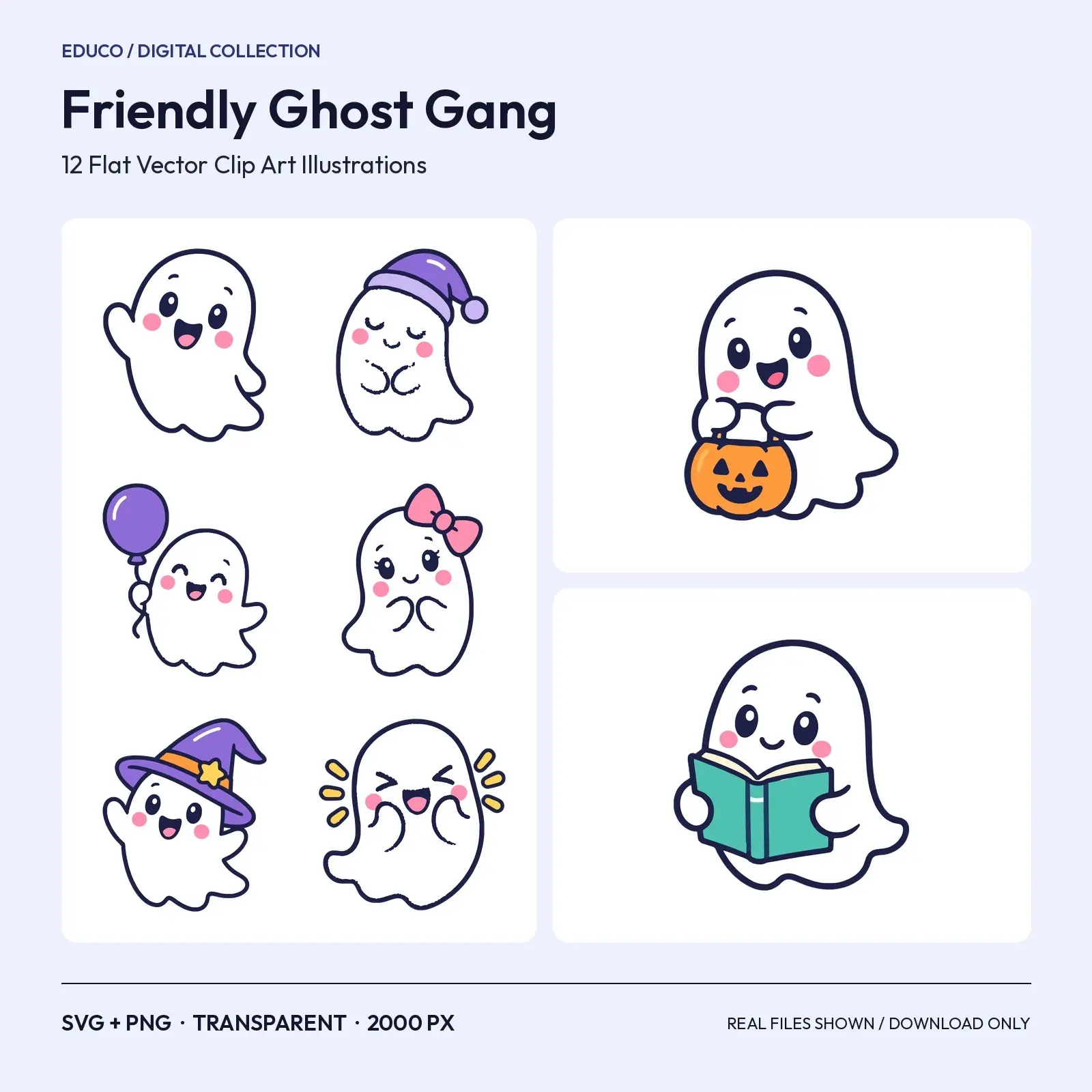 Friendly Ghost Gang Clip Art – 12 Flat Vector Cute Ghost Characters preview