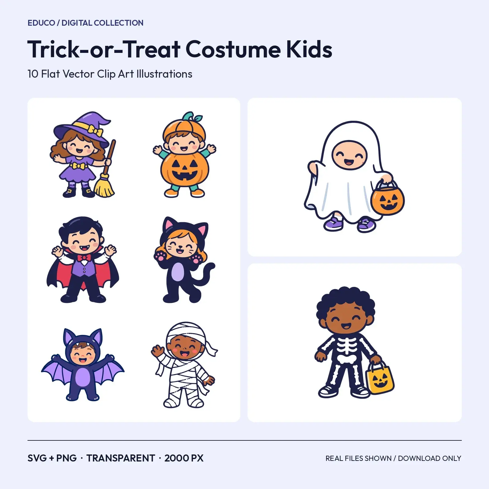 Trick-or-Treat Costume Kids Clip Art – 10 Flat Vector Characters preview