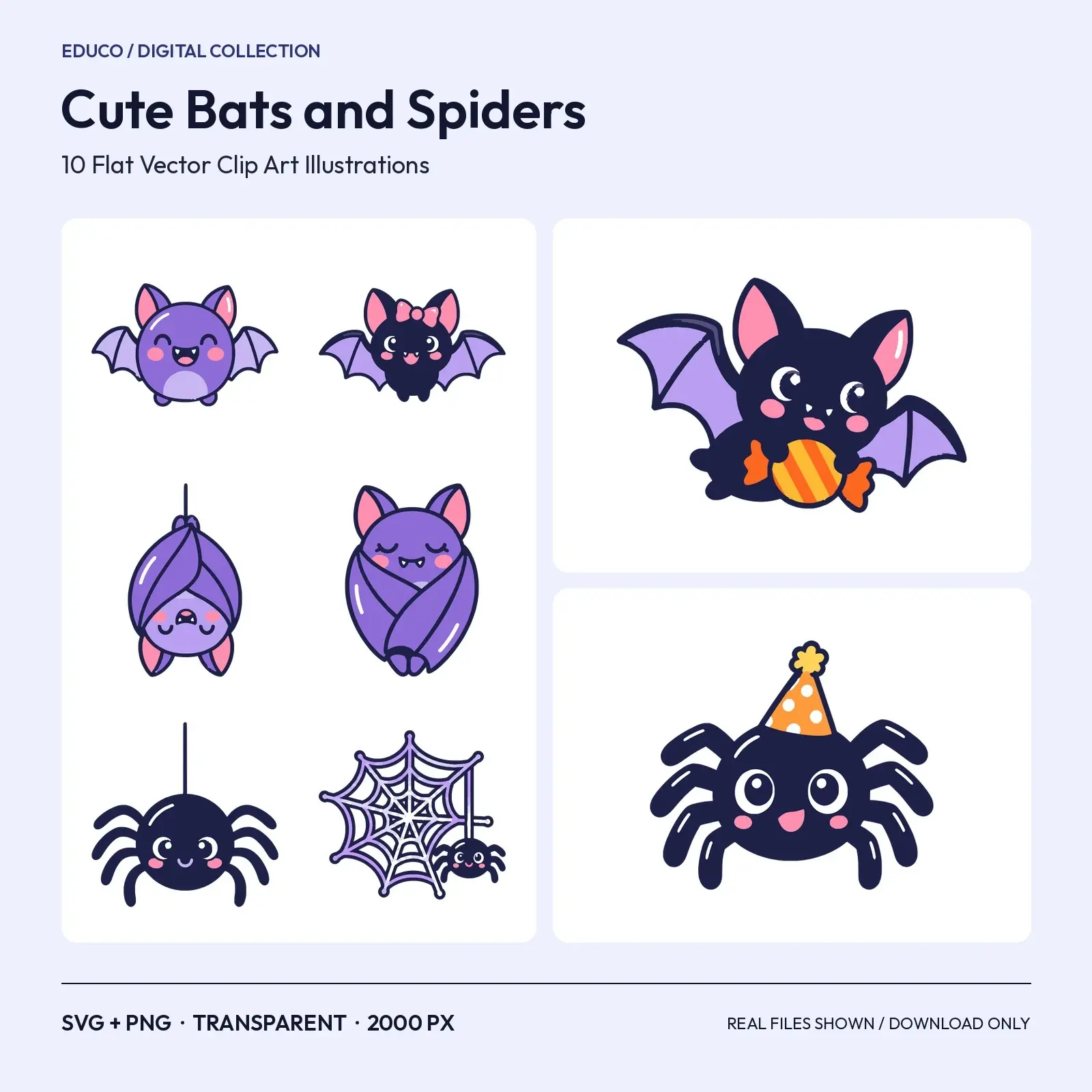Cute Bats and Spiders Clip Art – 10 Flat Vector Kawaii Critters preview