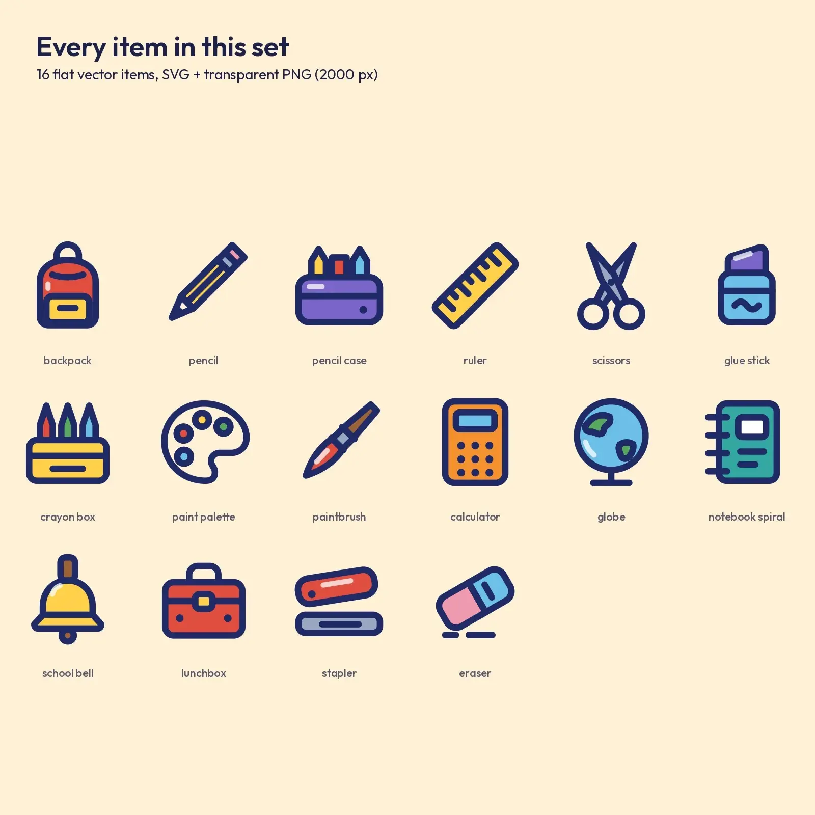 Back-to-School Supplies Clip Art – 16 Flat Vector Items, SVG and Transparent PNG, preview 2 of 3