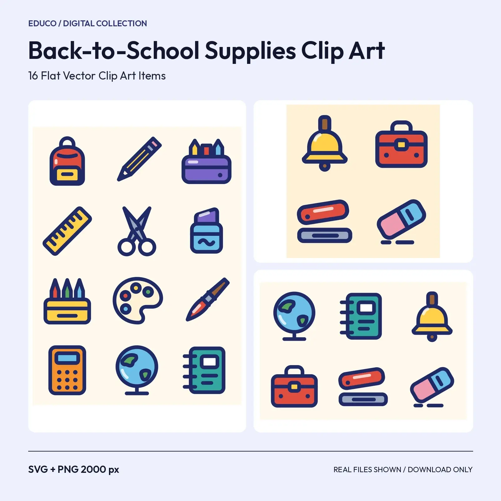 Back-to-School Supplies Clip Art – 16 Flat Vector Items, SVG and Transparent PNG, preview 1 of 3