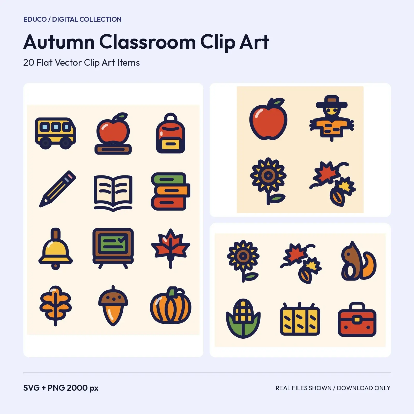 Autumn Classroom Clip Art – 20 Leaf, Apple and School Bus Flat Vector Items preview