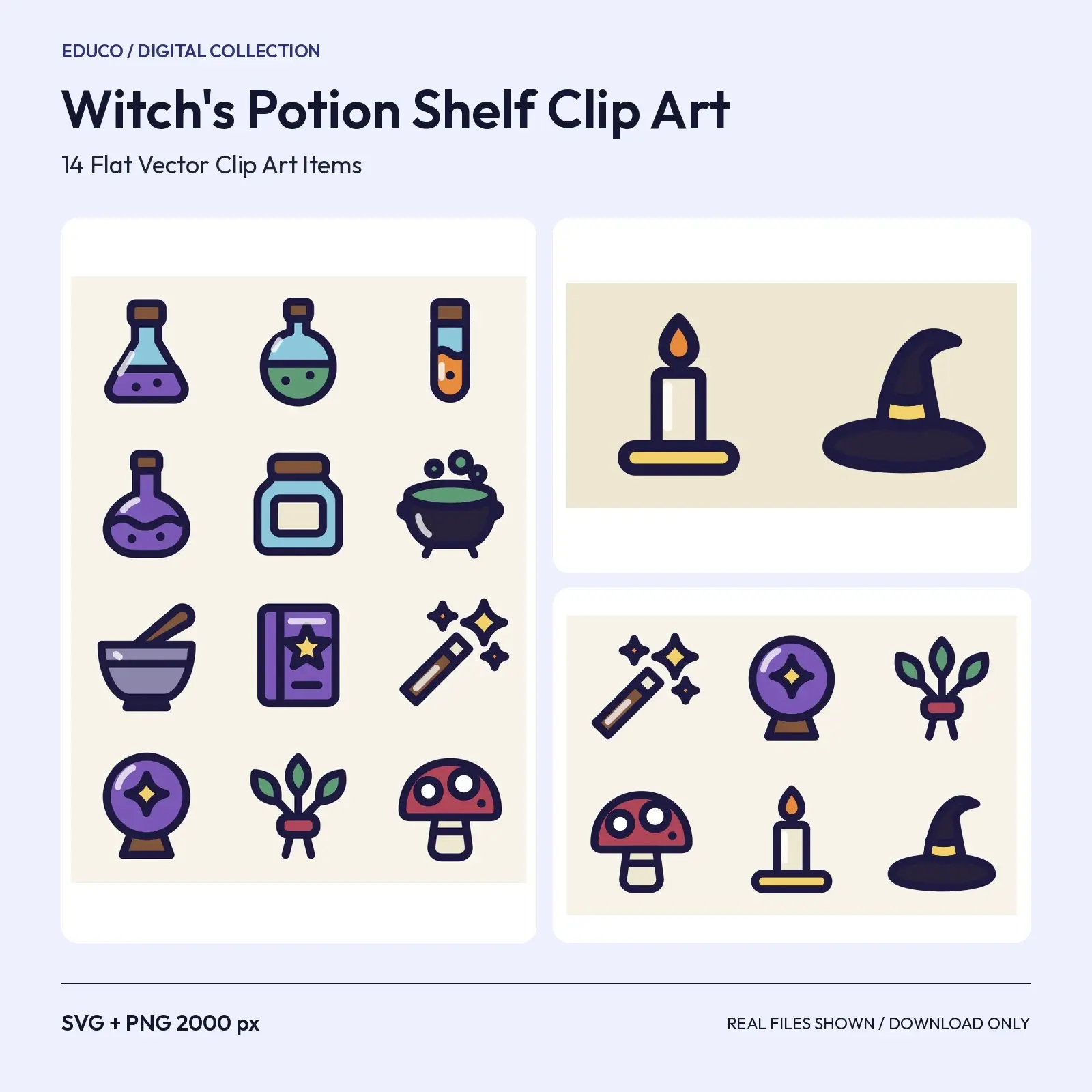 Witch's Potion Shelf Clip Art – 14 Flat Vector Bottles, Herbs and Tools, SVG and PNG preview
