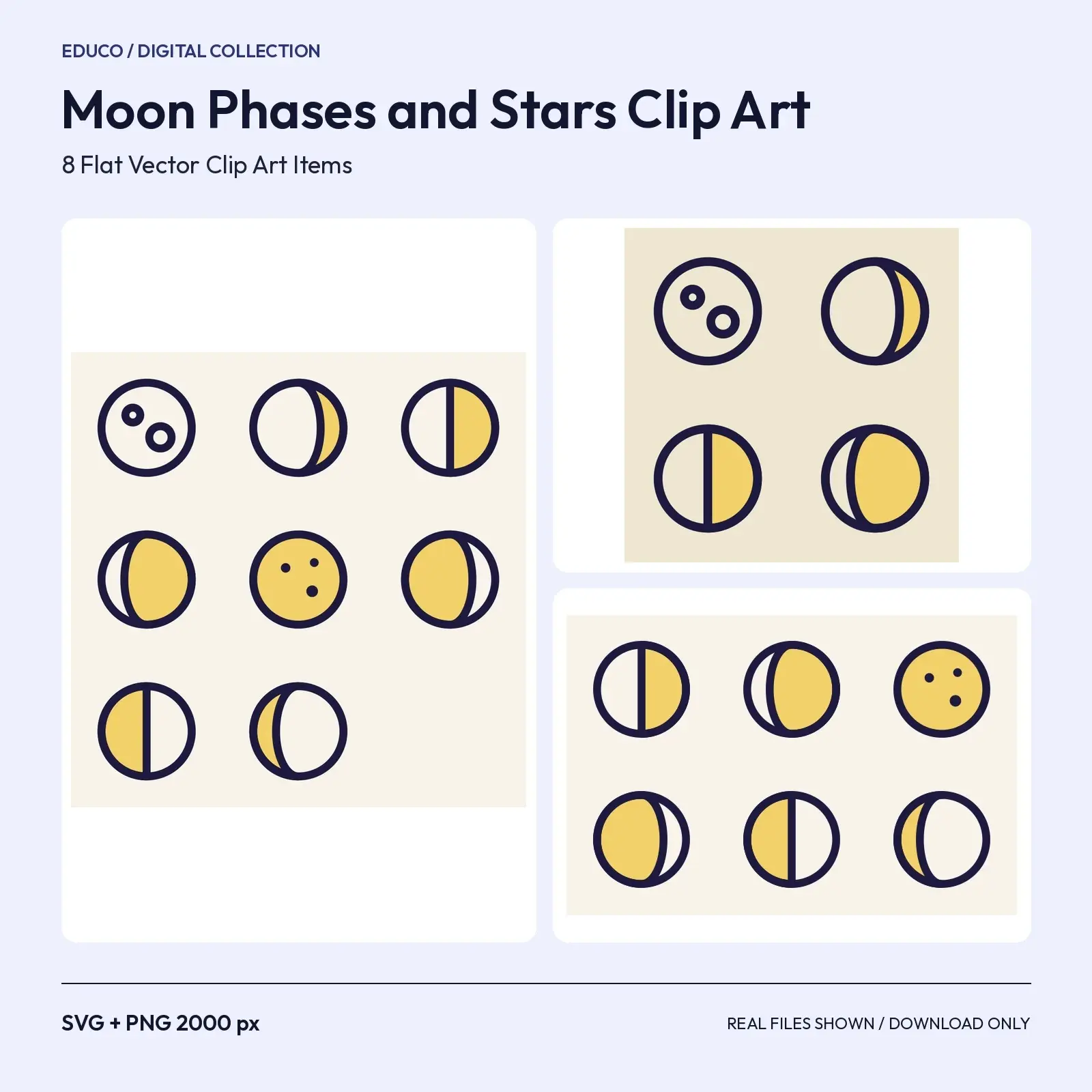 Moon Phases and Stars Clip Art – 8 Flat Vector Celestial Illustrations, SVG and PNG preview