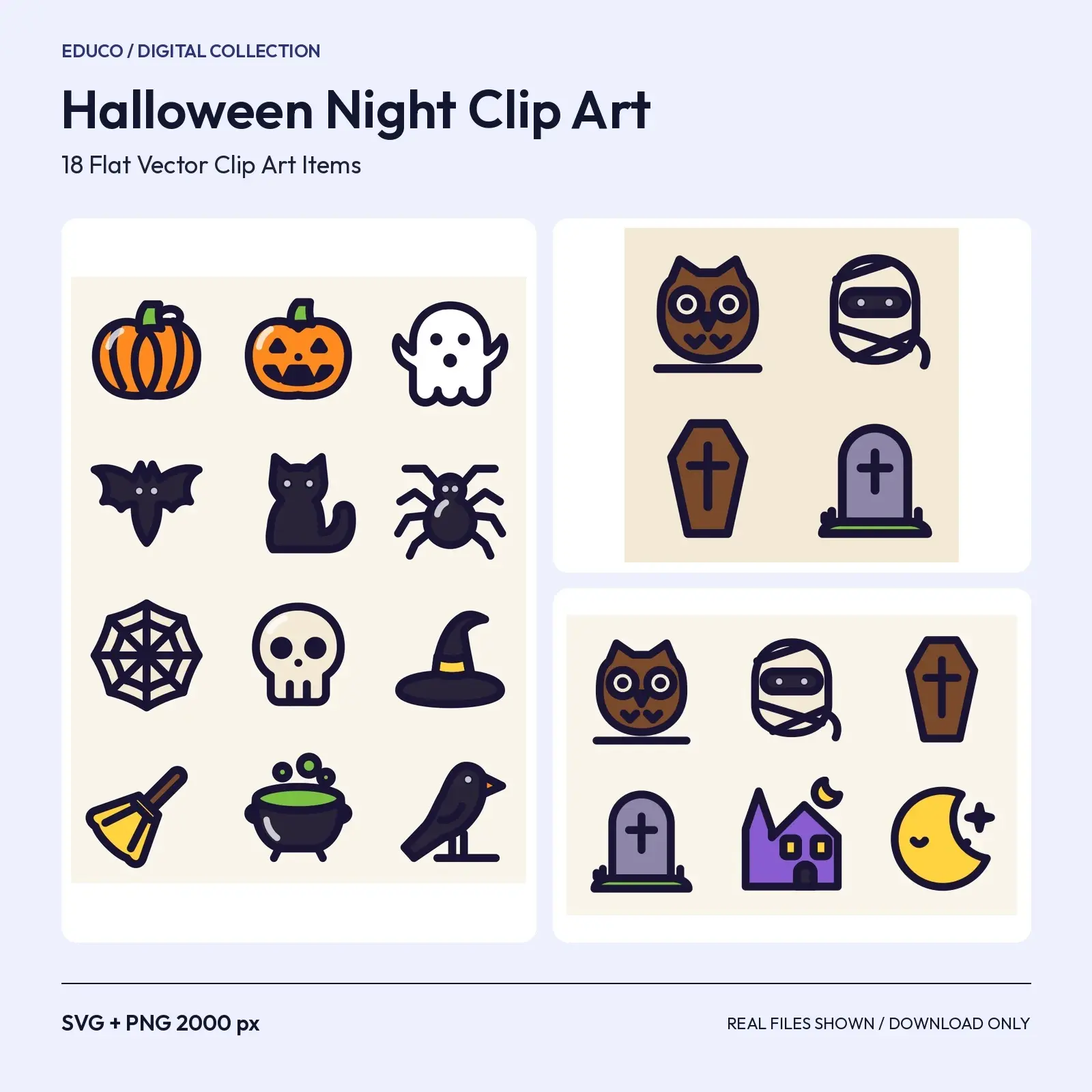 Halloween Night Clip Art – 18 Flat Vector Pumpkin, Bat and Haunted House Items preview