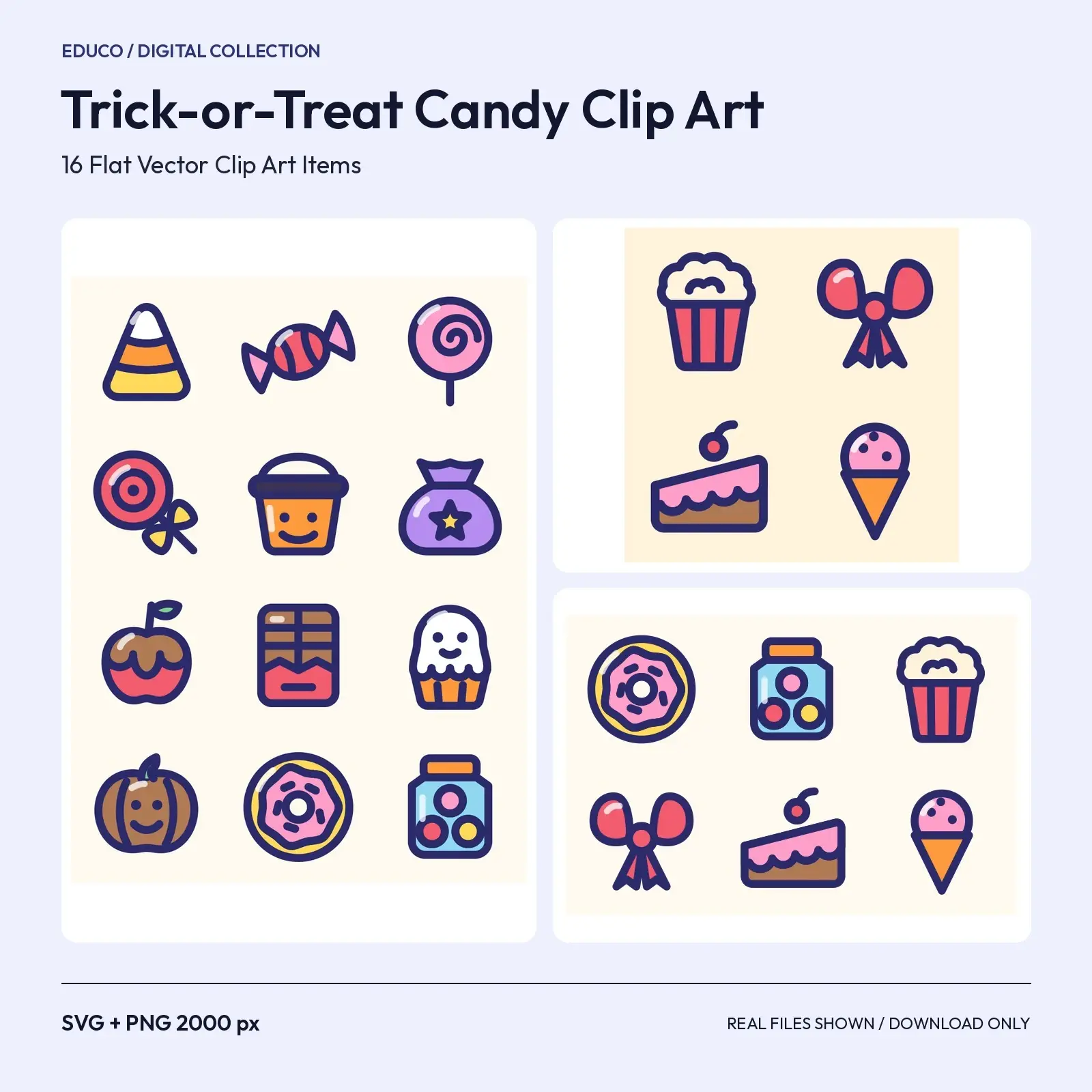 Trick-or-Treat Candy Clip Art – 16 Flat Vector Sweets and Treat Bags, SVG and PNG preview