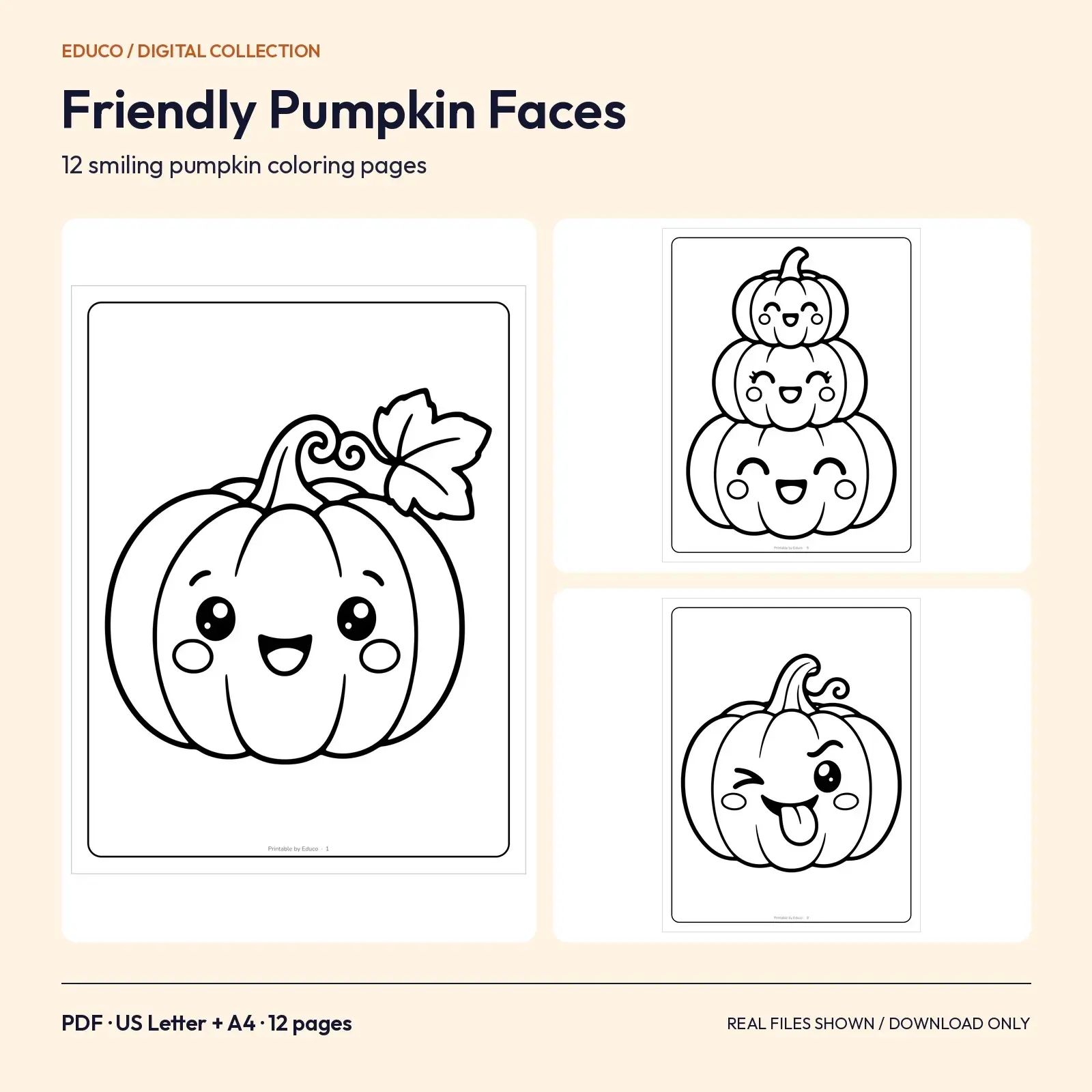 Friendly Pumpkin Faces Coloring Pages – 12 Printable Halloween Designs for Kids preview