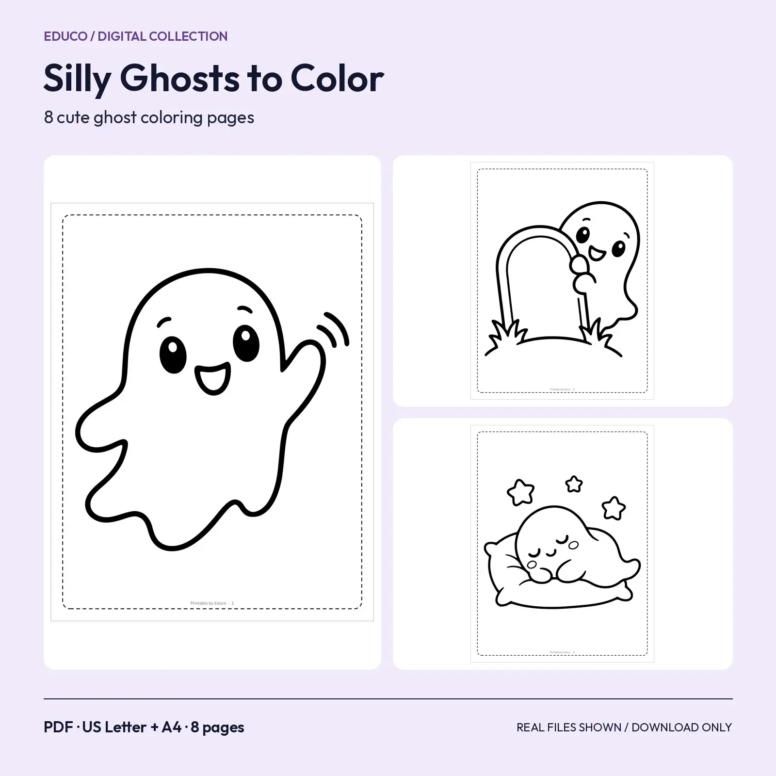 Silly Ghosts Halloween Coloring Pages – 8 Cute Ghost Designs, Printable PDF preview