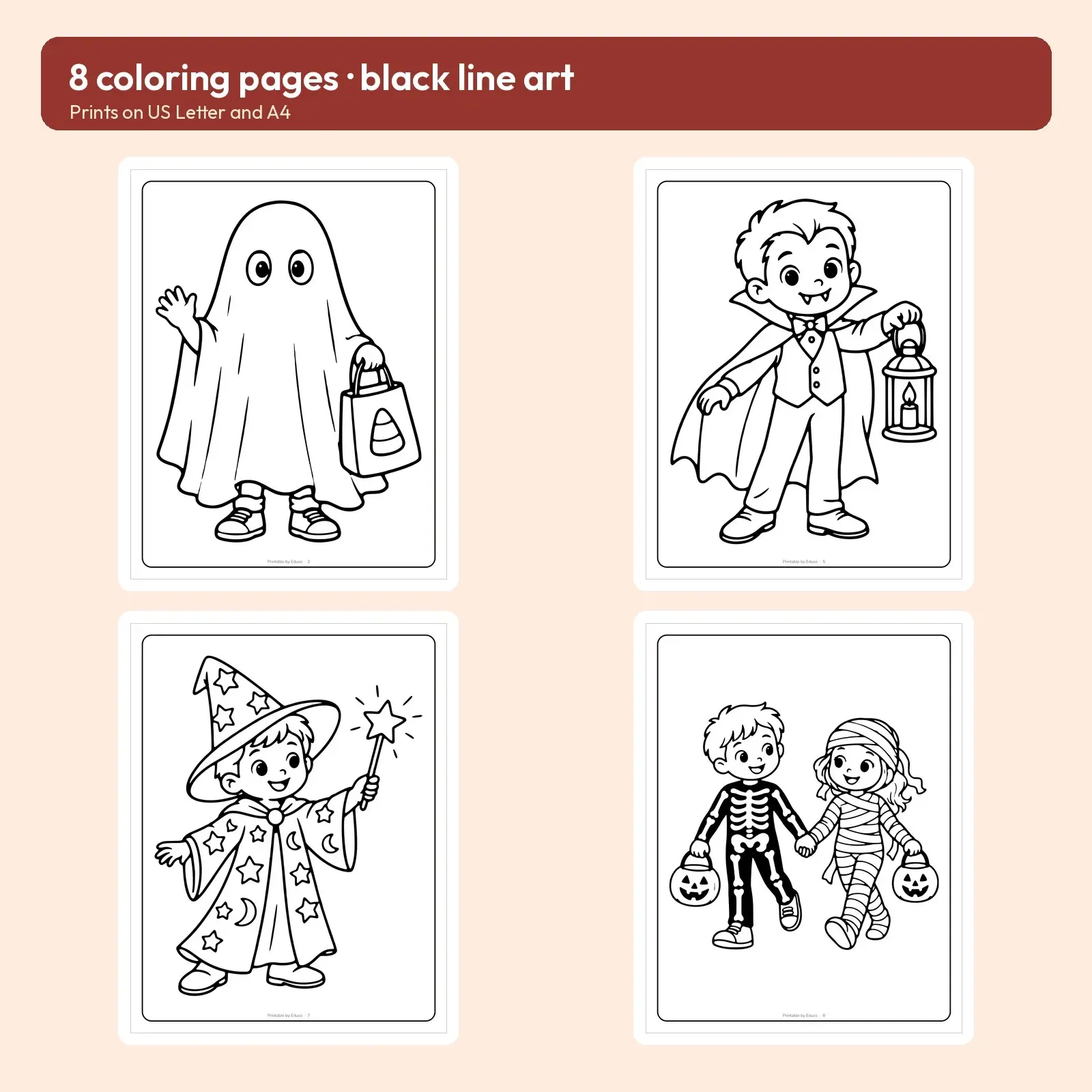 Trick-or-Treat Costume Kids Coloring Pages – 8 Printable Halloween Scenes, preview 2 of 3