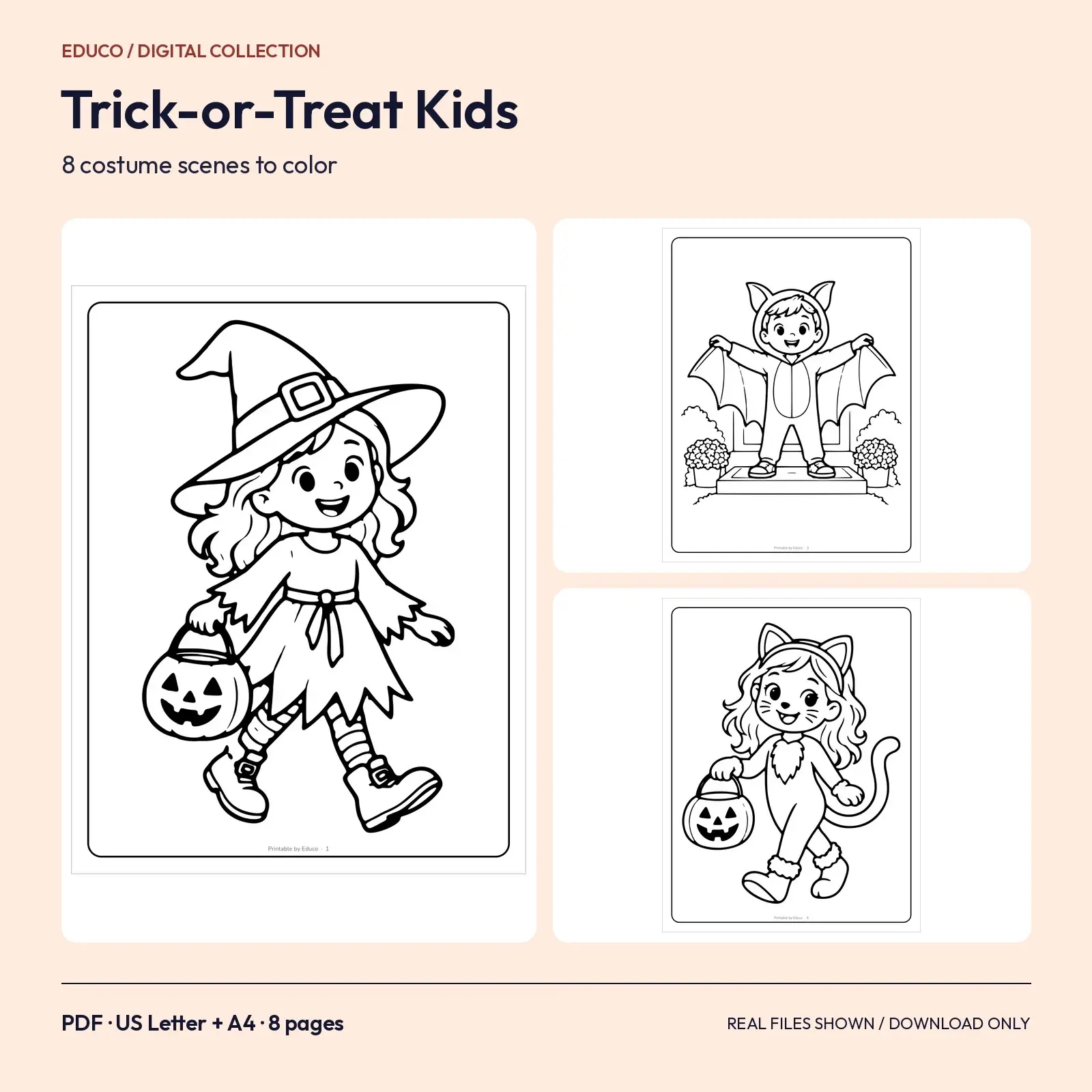 Trick-or-Treat Costume Kids Coloring Pages – 8 Printable Halloween Scenes, preview 1 of 3
