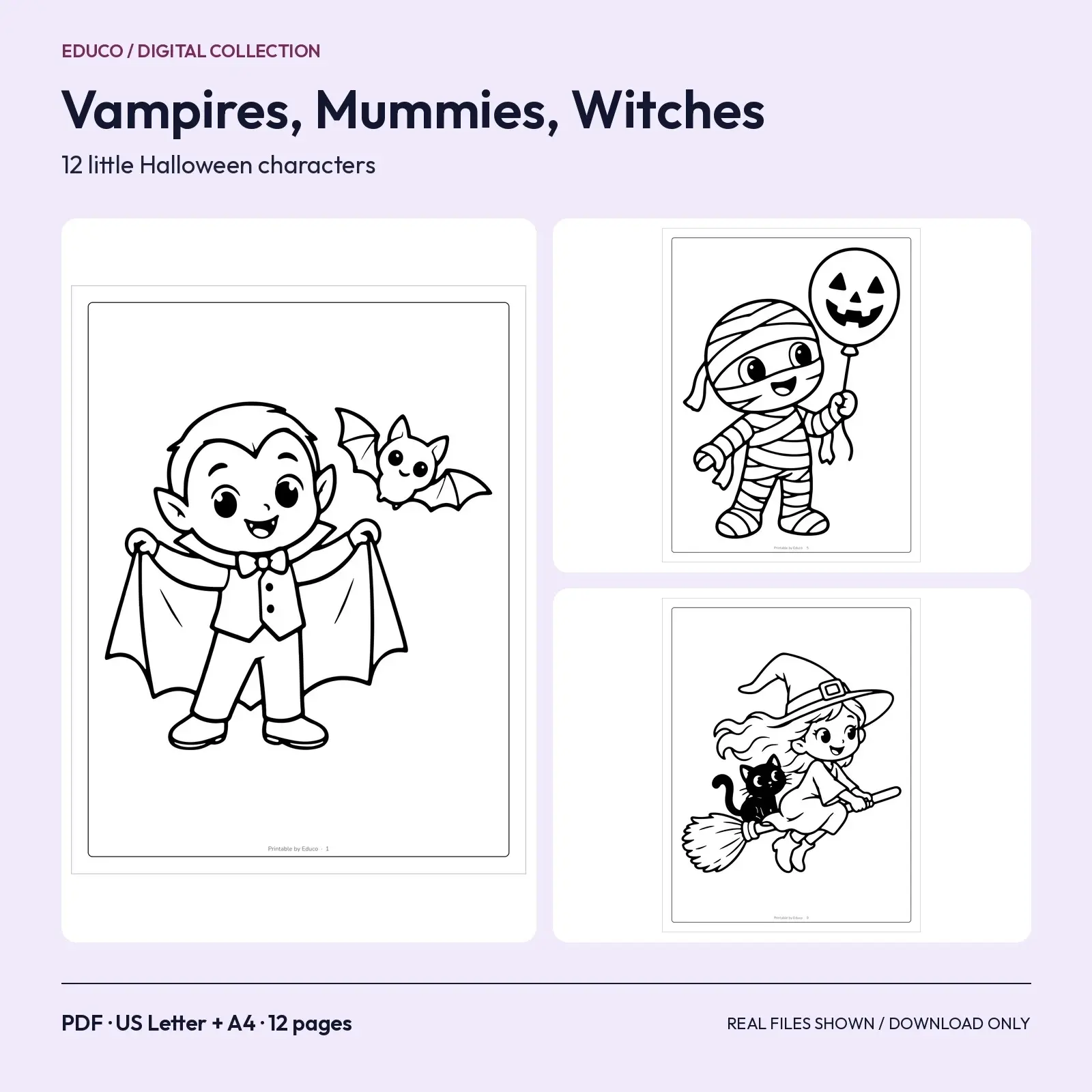 Little Vampires, Mummies and Witches Coloring Pages – 12 Printable Pages preview
