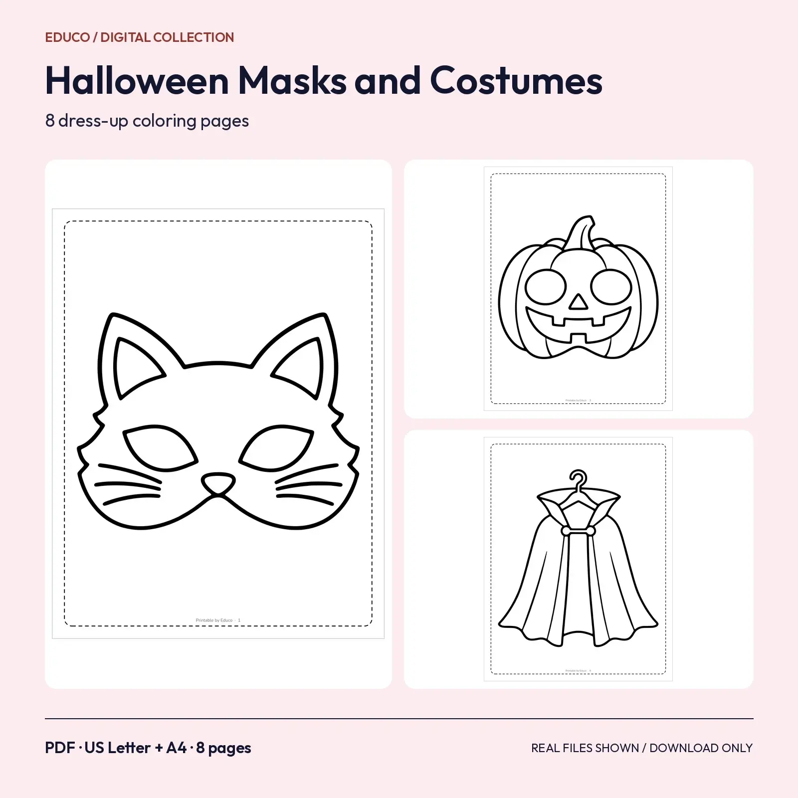 Halloween Masks and Costume Coloring Pages – 8 Printable Dress-Up Designs, preview 1 of 3