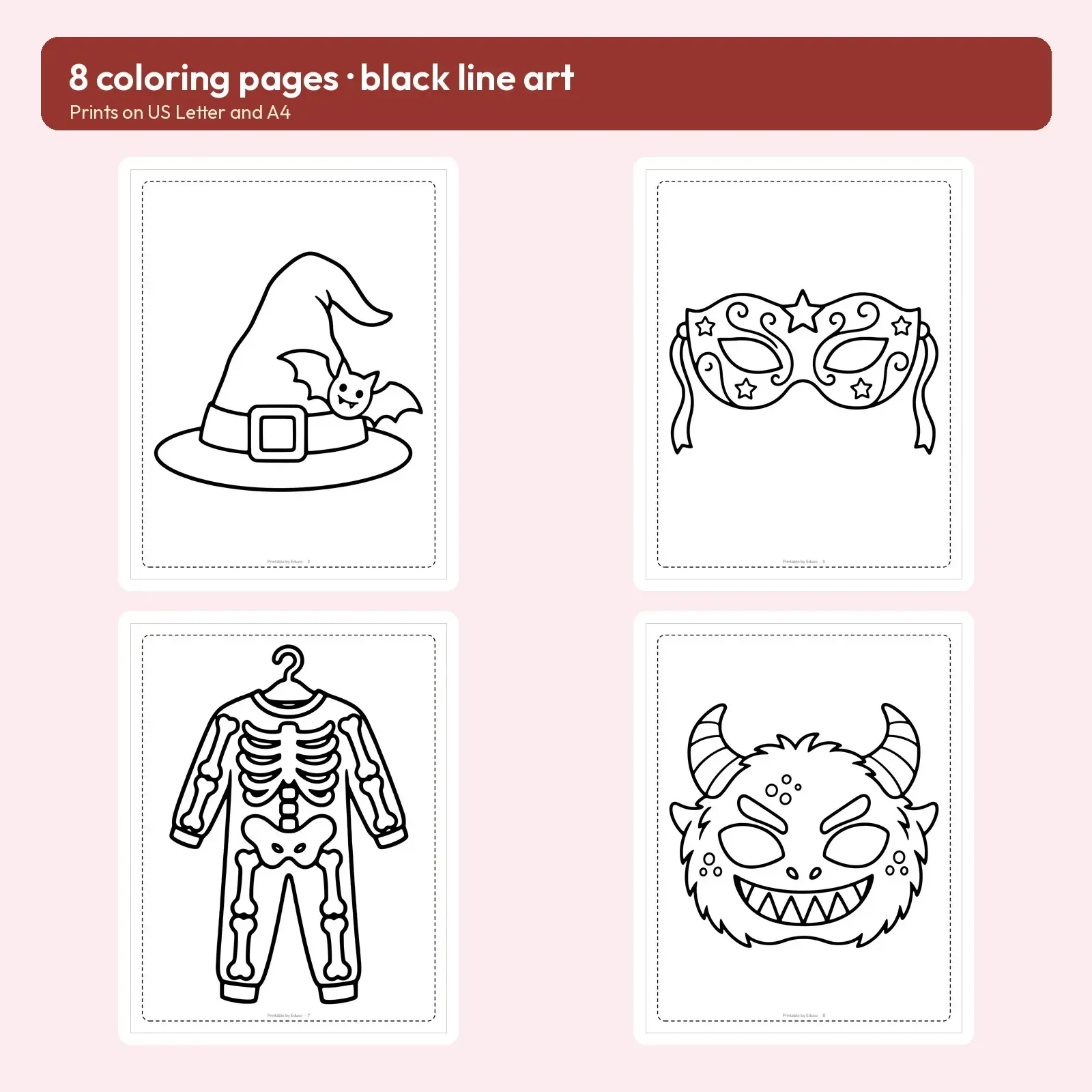 Halloween Masks and Costume Coloring Pages – 8 Printable Dress-Up Designs, preview 2 of 3