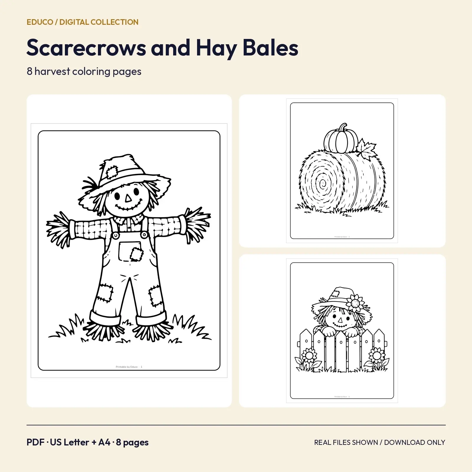 Scarecrows and Hay Bales Coloring Pages – 8 Harvest Designs to Print preview