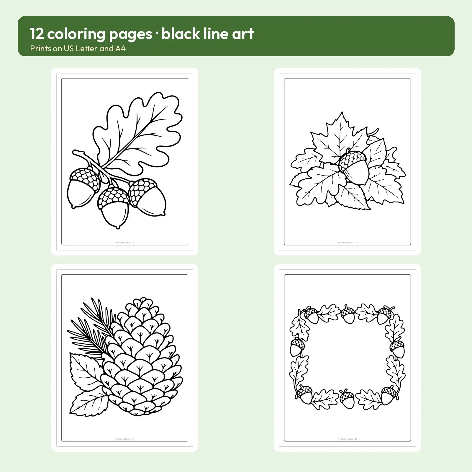 Fall Leaves and Acorns Coloring Pages – 12 Nature Designs for Kids and Adults, preview 2 of 3