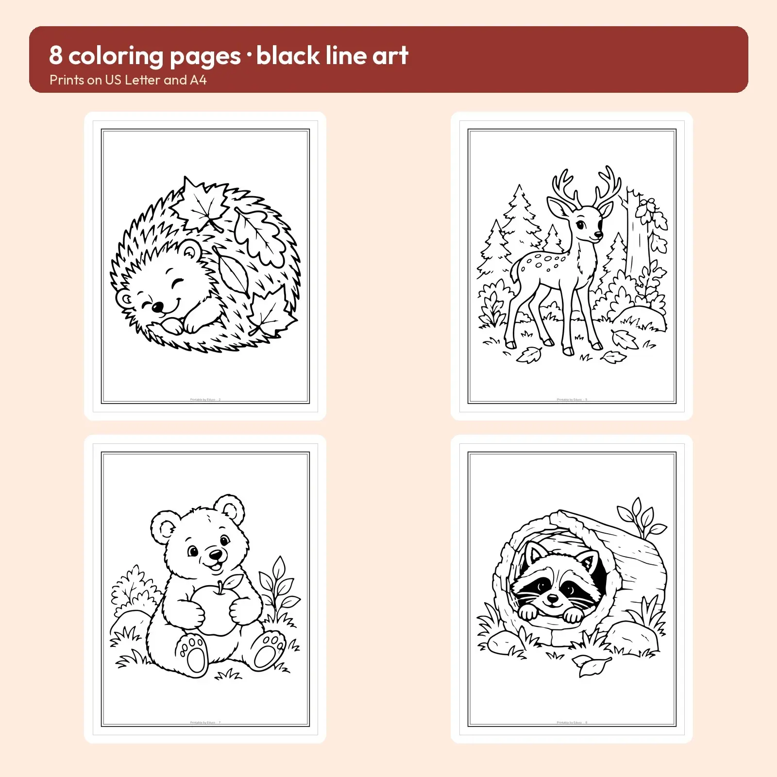 Woodland Animals in Autumn Coloring Pages – 8 Fox, Owl, Hedgehog and More, preview 2 of 3