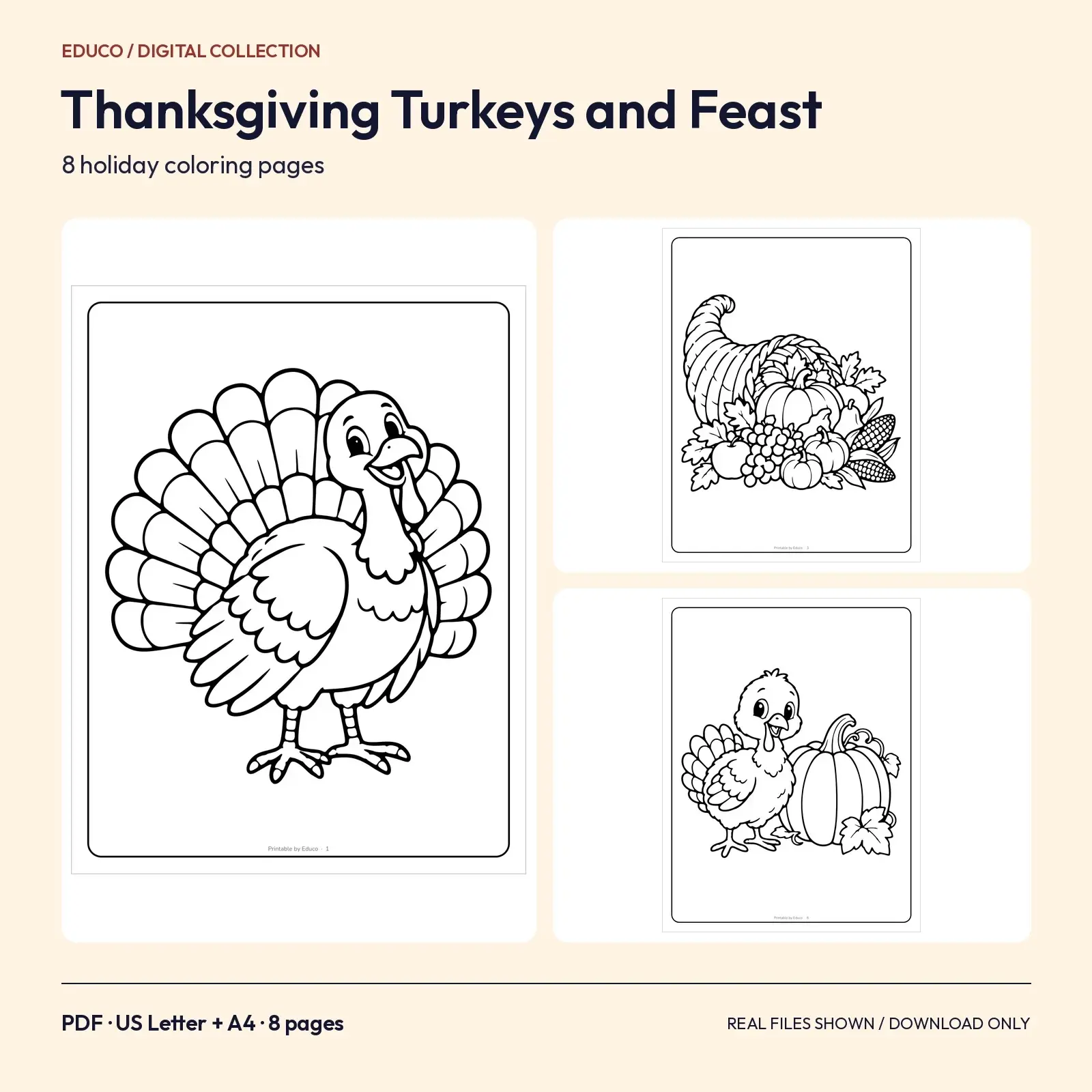 Thanksgiving Turkeys and Feast Table Coloring Pages – 8 Printable Designs preview