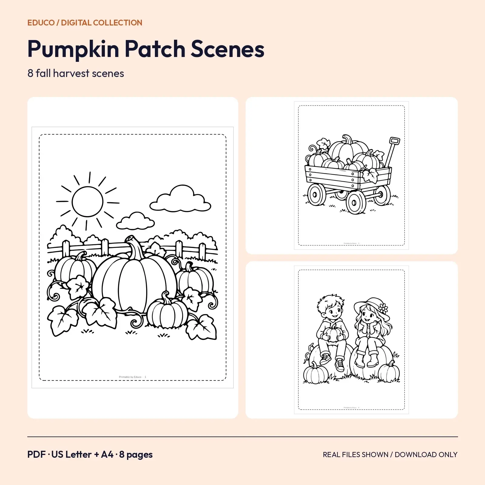 Pumpkin Patch Scenes Coloring Pages – 8 Fall Harvest Designs preview