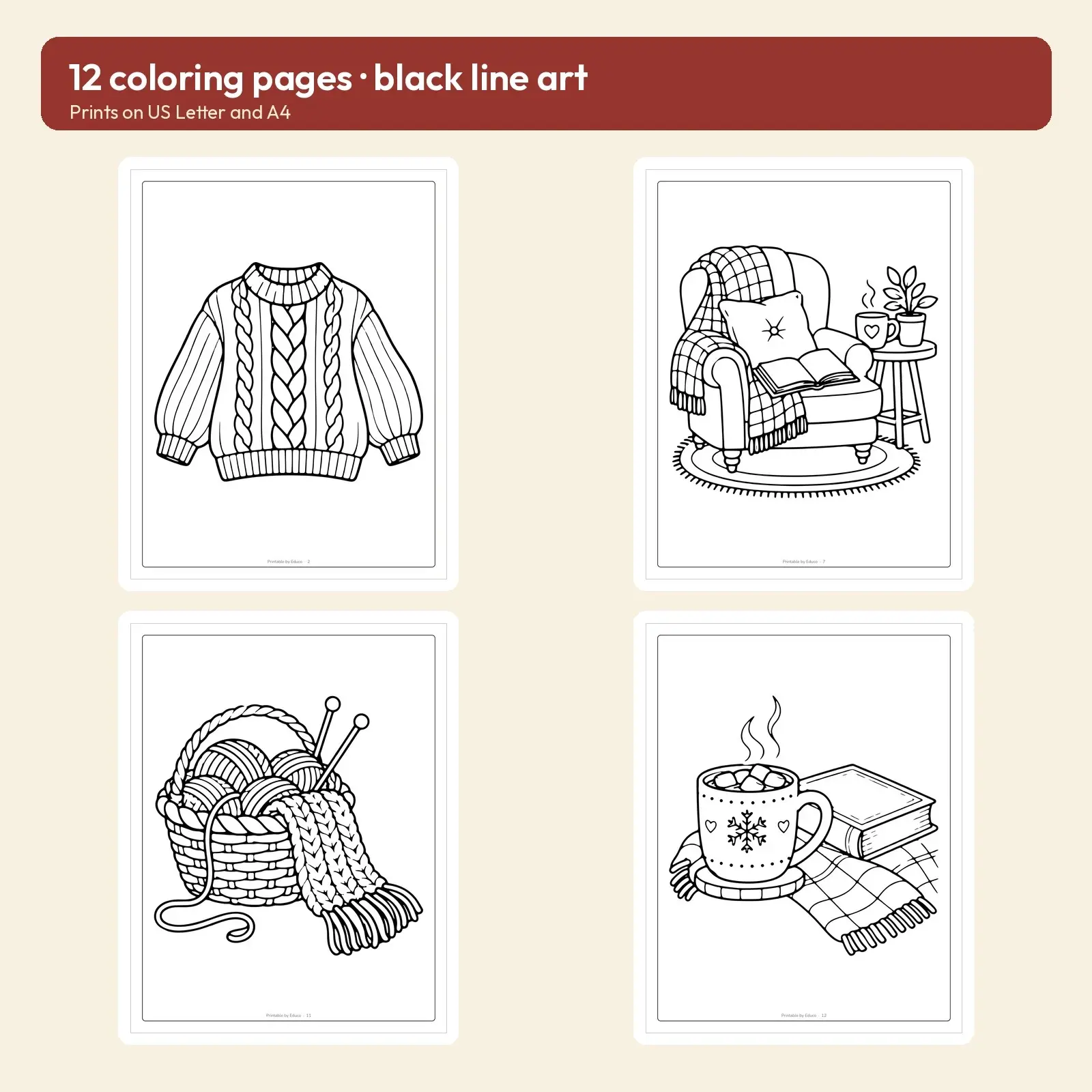 Cozy Fall Hygge Coloring Pages – 12 Mugs, Sweaters, Cabins and Candles, preview 2 of 3
