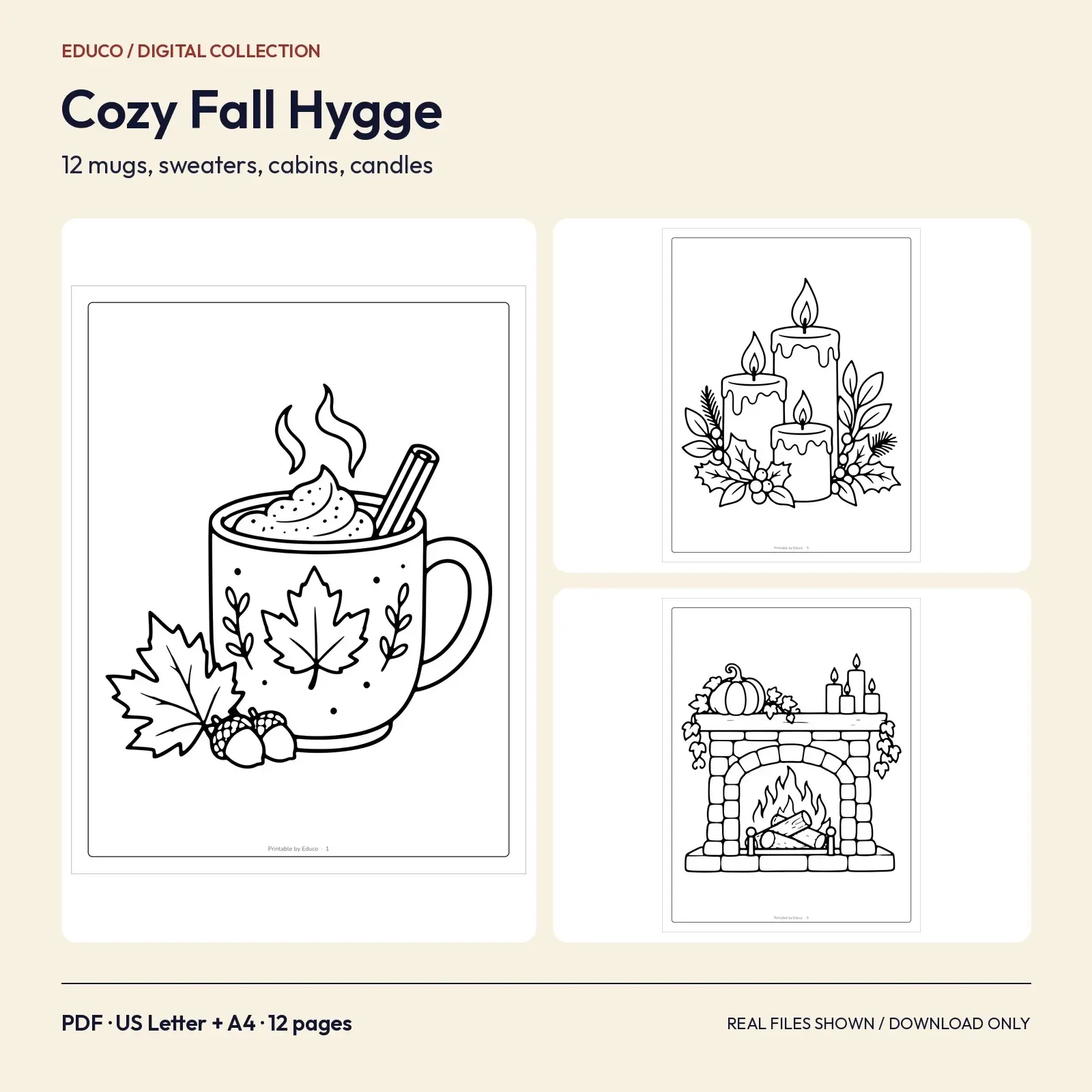Cozy Fall Hygge Coloring Pages – 12 Mugs, Sweaters, Cabins and Candles, preview 1 of 3