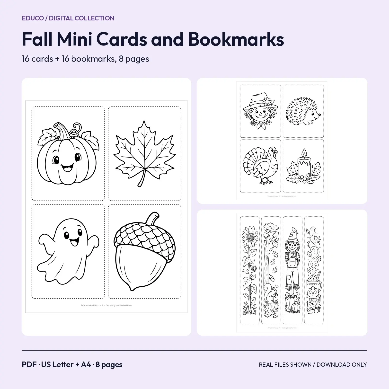 Fall Mini Coloring Cards and Bookmarks – 8 Printable Pages, 32 Designs preview
