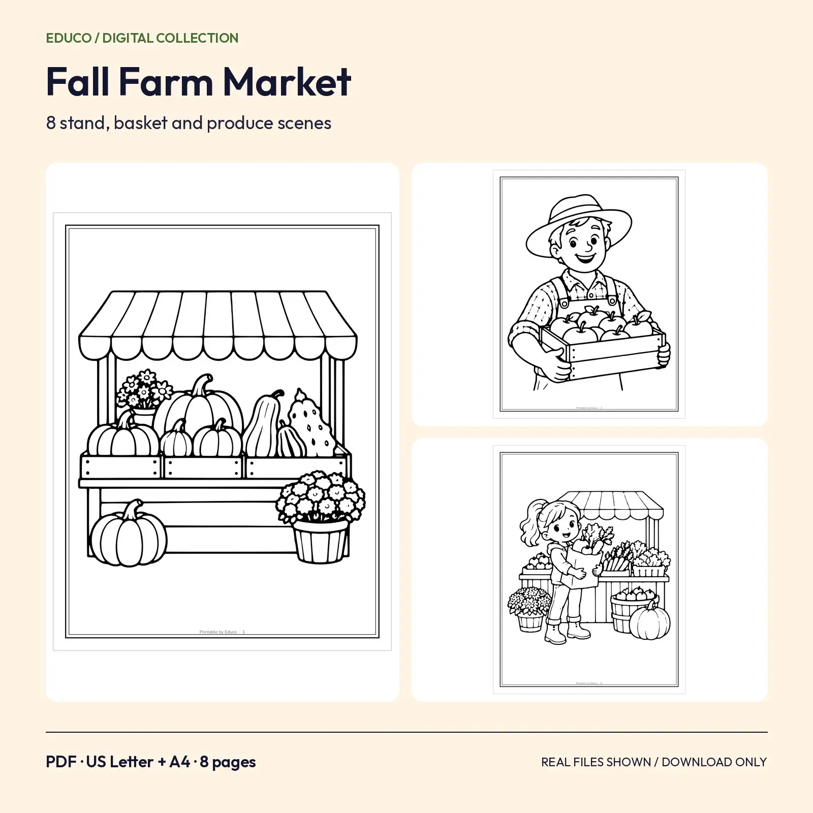 Fall Farm Market Coloring Pages – 8 Stand, Basket and Produce Scenes preview