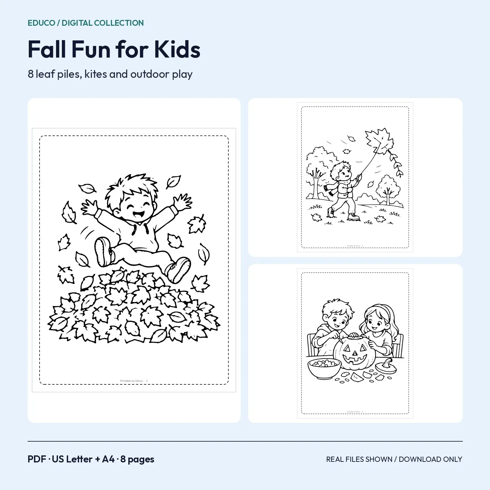 Fall Fun for Kids Coloring Pages – 8 Leaf Piles, Kites and Outdoor Play Scenes preview