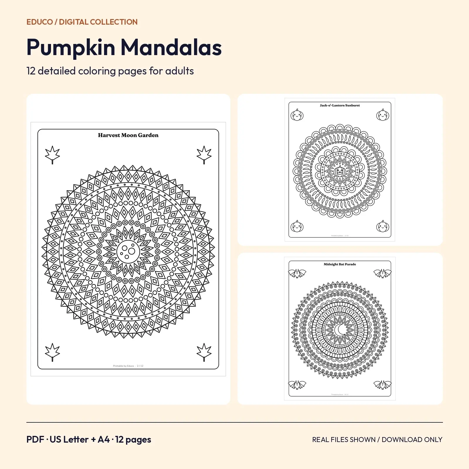 Pumpkin Mandala Coloring Pages for Adults: 12 Halloween Printable PDFs preview