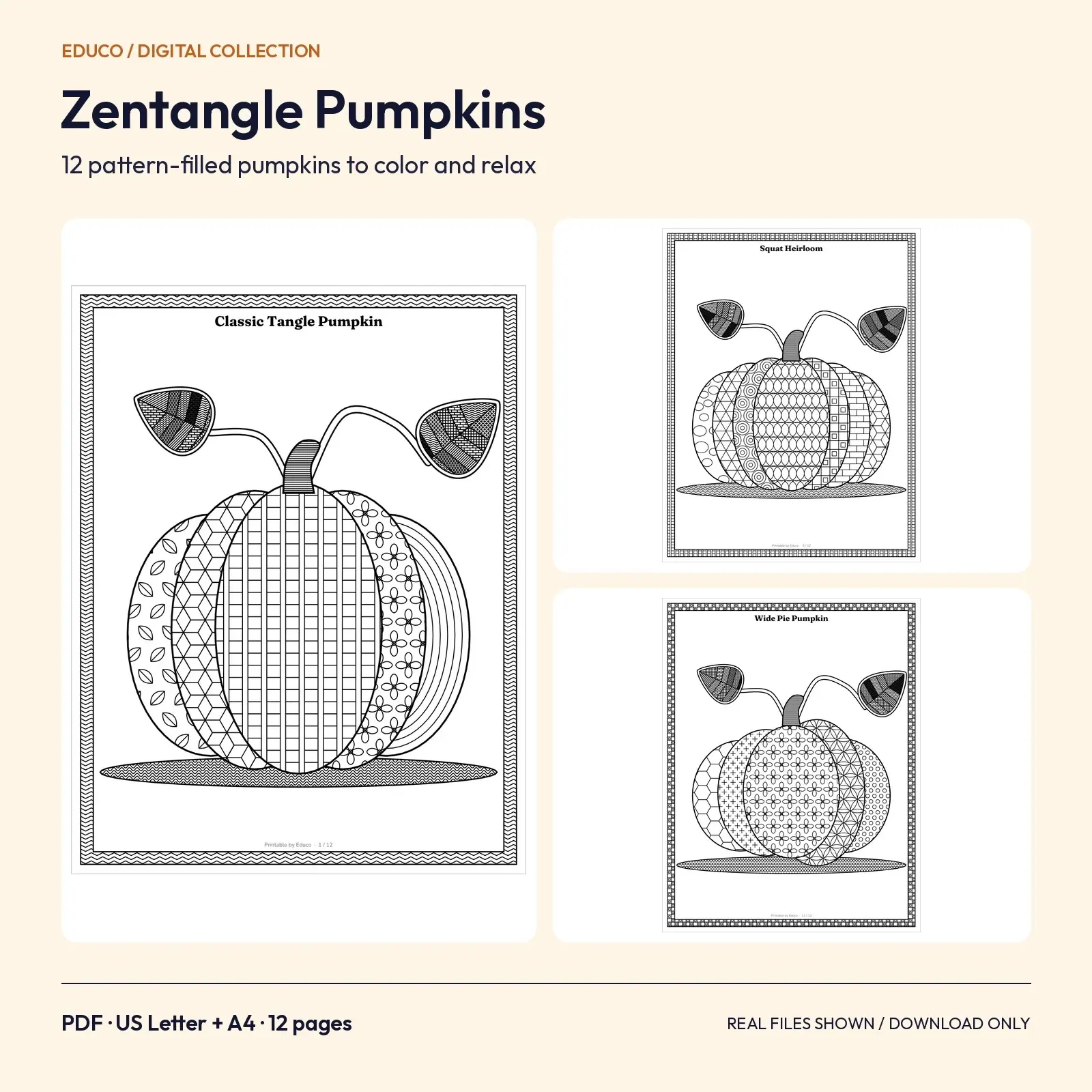 Zentangle Pumpkin Coloring Pages: 12 Patterned Fall Designs for Adults (PDF) preview
