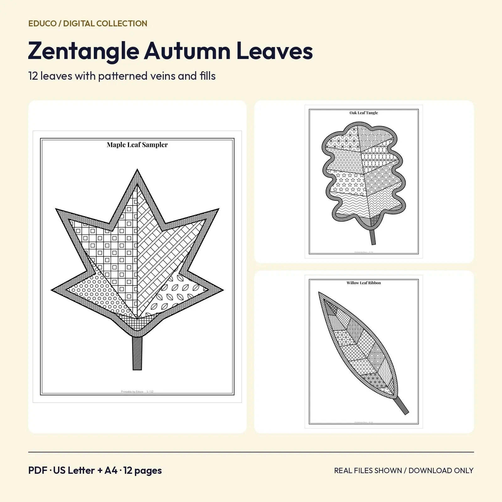 Zentangle Autumn Leaf Coloring Pages: 12 Patterned Leaf Designs for Adults preview