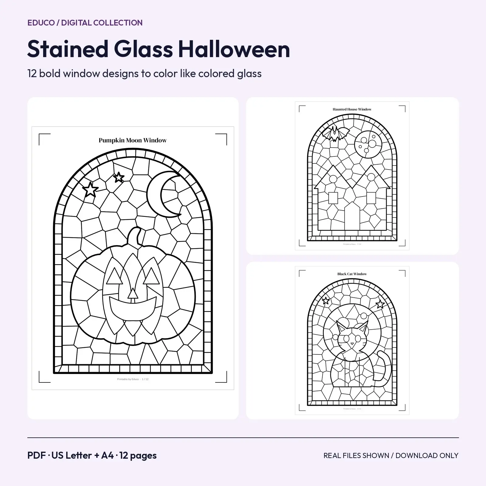 Stained Glass Halloween Coloring Pages: 12 Window Designs with Bold Lead Lines preview