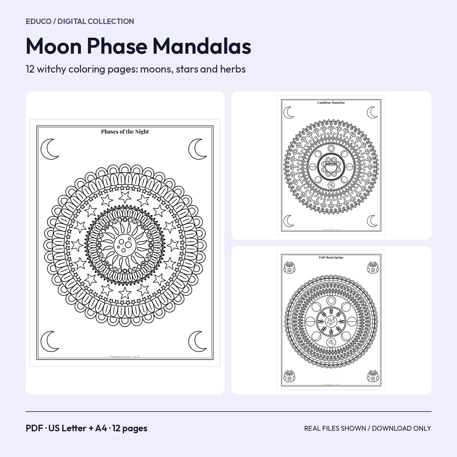Moon Phase Mandala Coloring Pages: 12 Witchy Printable PDF Pages for Adults preview
