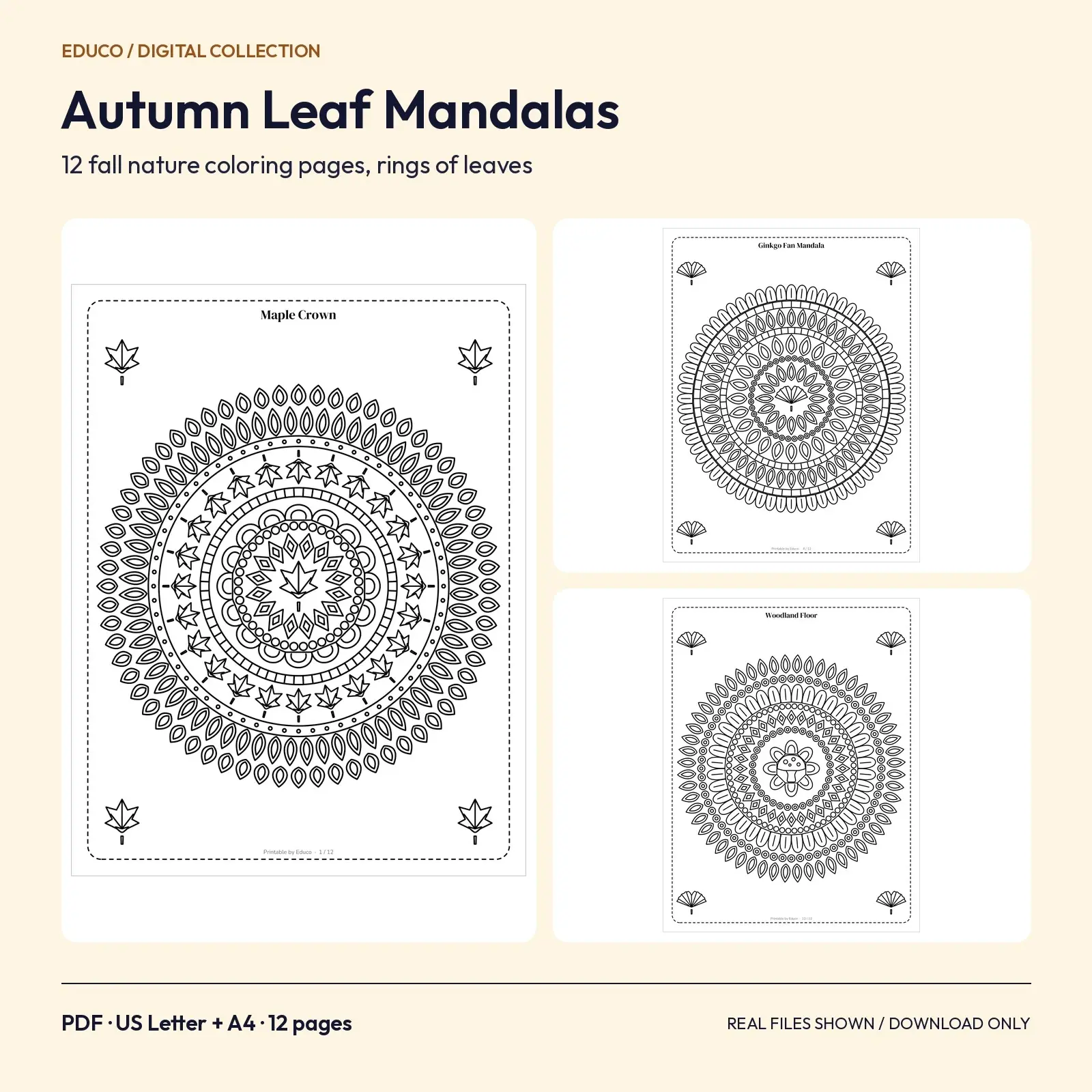 Autumn Leaf Mandala Coloring Pages: 12 Fall Nature Printable PDFs for Adults preview