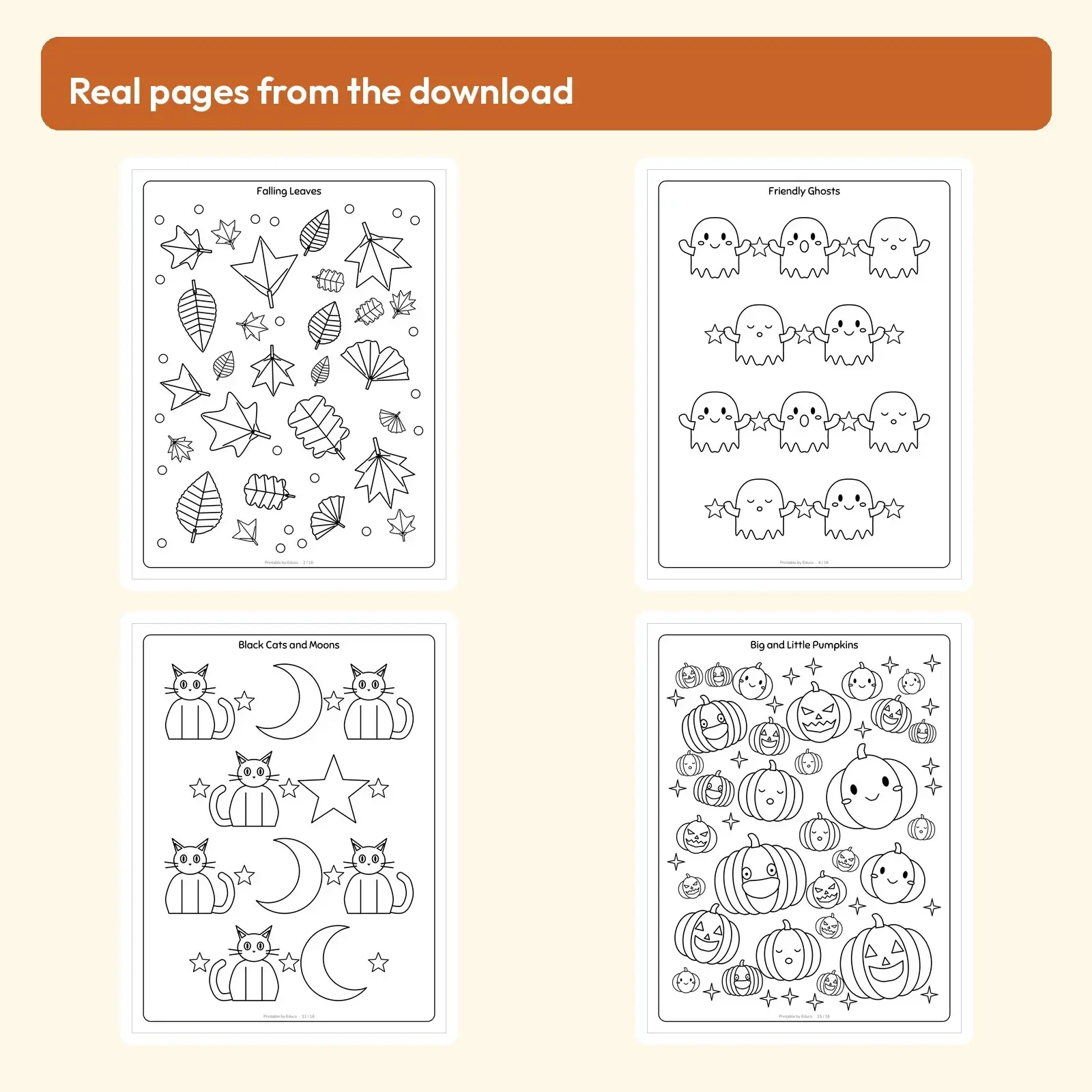 Fall Doodle Pattern Coloring Pages for Kids: 16 All-Over Halloween and Harvest Designs, preview 2 of 4