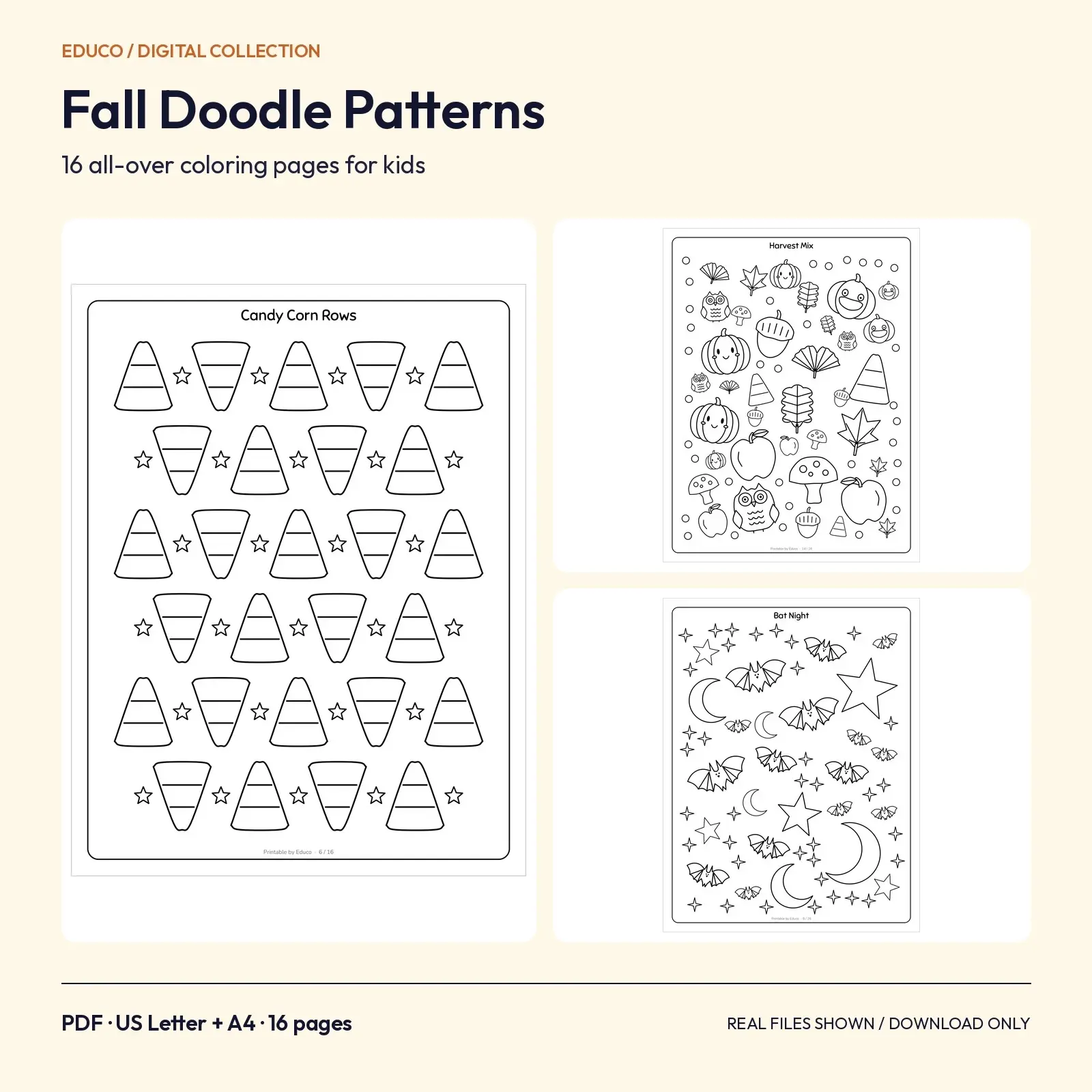 Fall Doodle Pattern Coloring Pages for Kids: 16 All-Over Halloween and Harvest Designs, preview 1 of 4