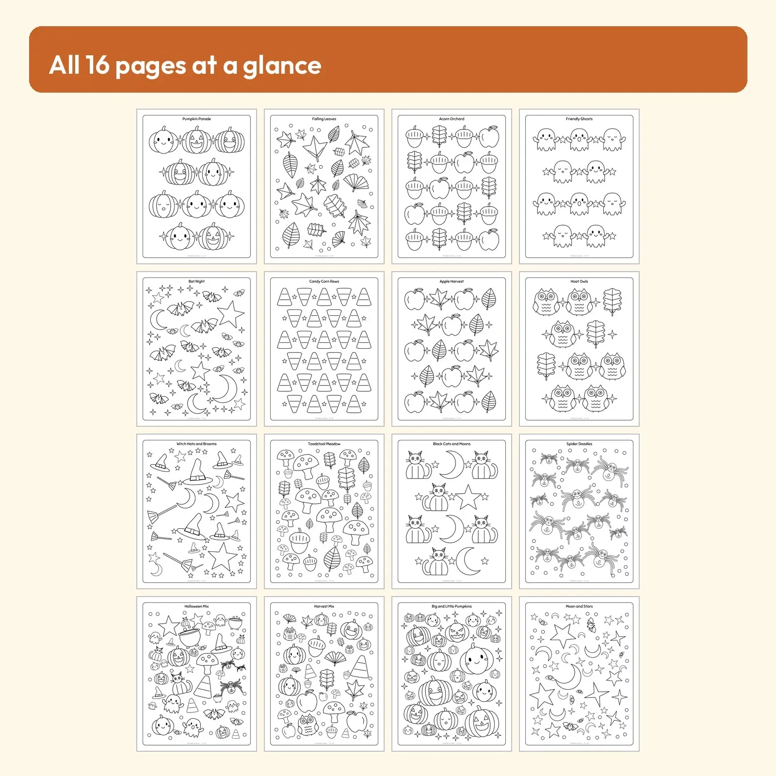Fall Doodle Pattern Coloring Pages for Kids: 16 All-Over Halloween and Harvest Designs, preview 4 of 4