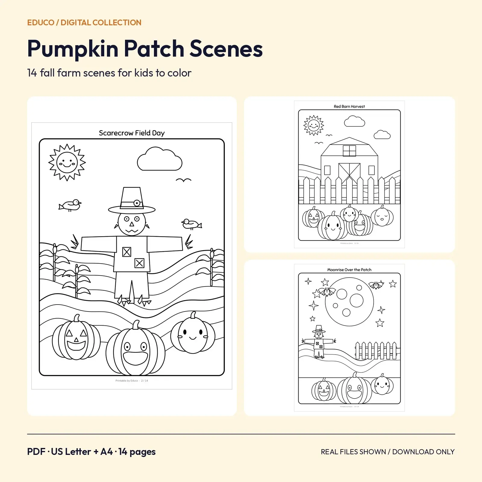 Pumpkin Patch Scene Coloring Pages for Kids: 14 Fall Farm Printables preview