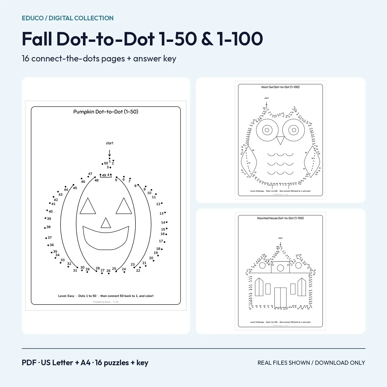 Fall Dot-to-Dot Printables 1-50 and 1-100: 16 Halloween and Autumn Pages with Answer Key preview