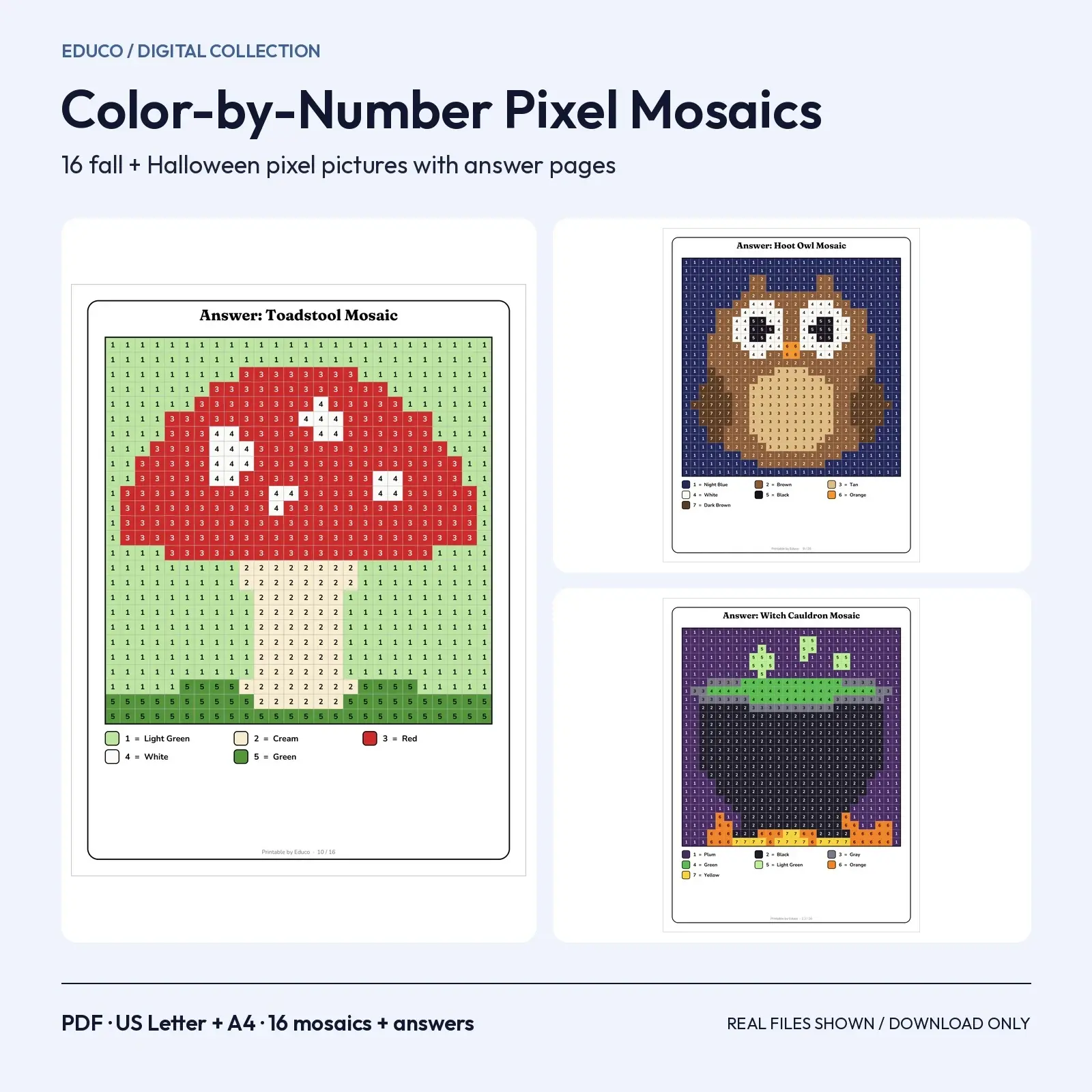 Color by Number Pixel Mosaics: 16 Fall and Halloween Printable Pages with Answer Keys preview