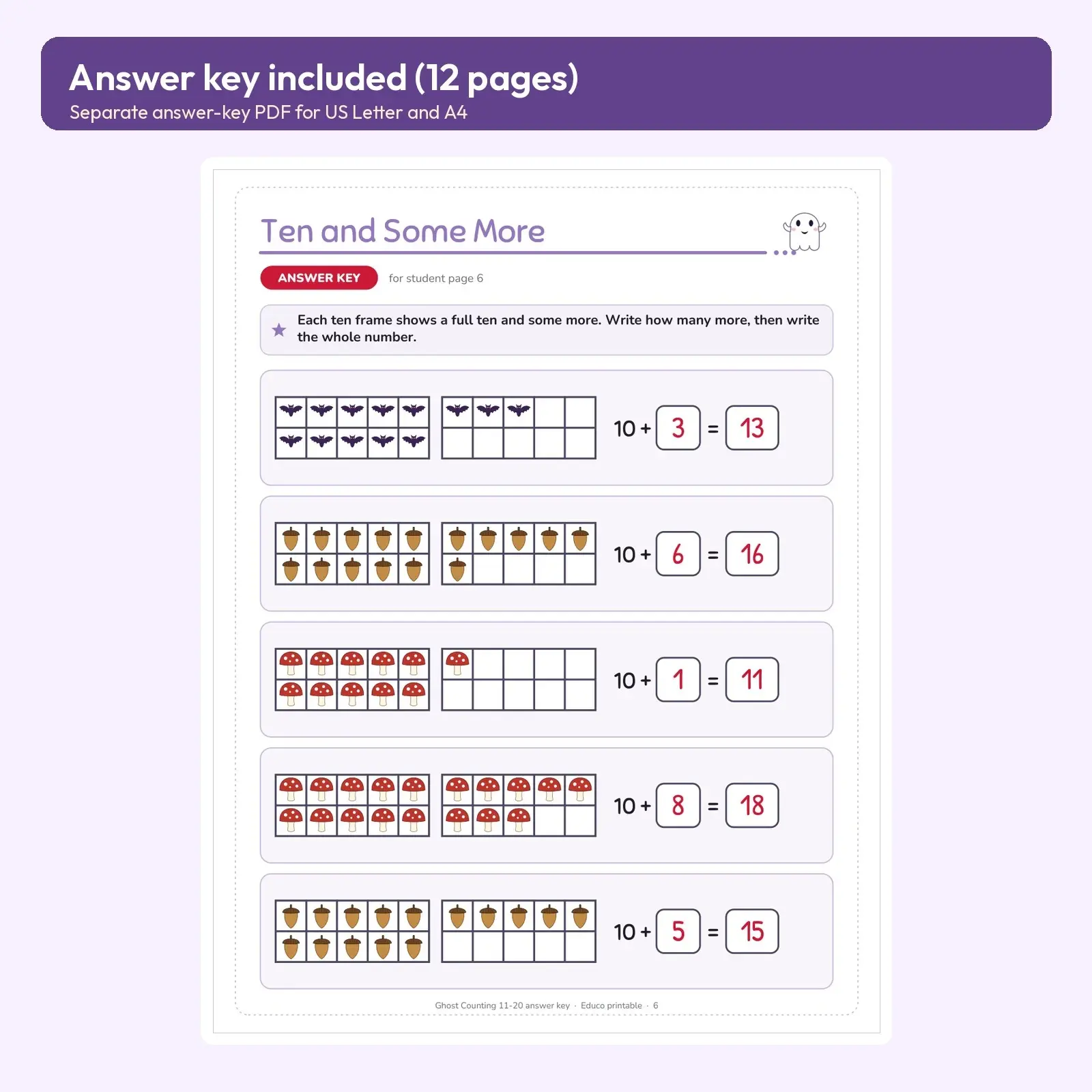 Friendly Ghost Counting 11-20 Worksheets for Kindergarten – 12 Printable Pages with Answer Key, preview 3 of 3
