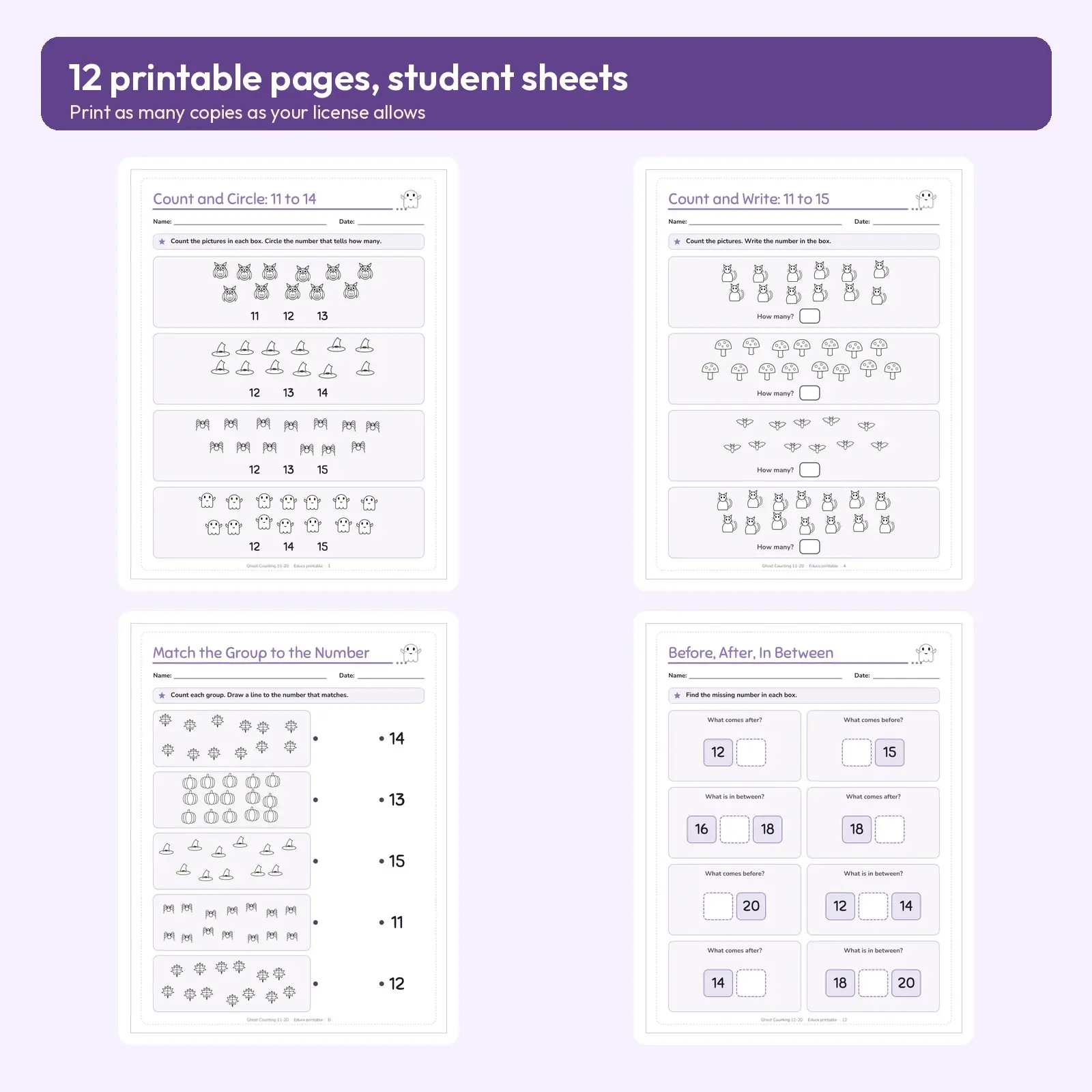 Friendly Ghost Counting 11-20 Worksheets for Kindergarten – 12 Printable Pages with Answer Key, preview 2 of 3