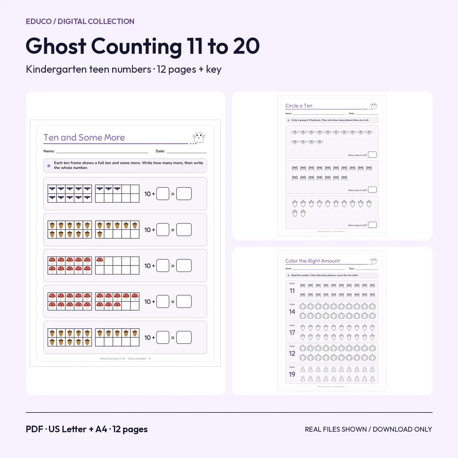 Friendly Ghost Counting 11-20 Worksheets for Kindergarten – 12 Printable Pages with Answer Key preview