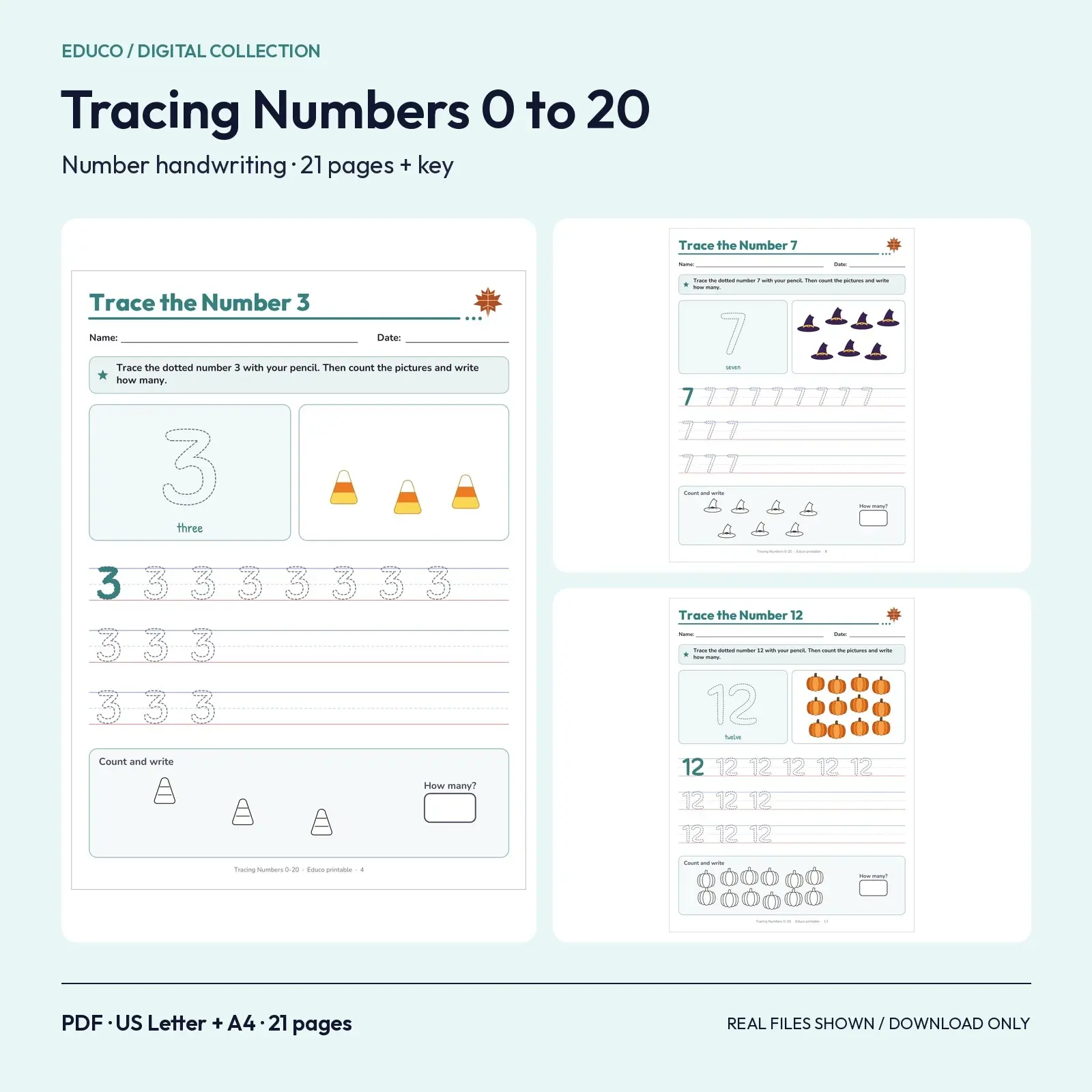 Tracing Numbers 0-20 with Fall Pictures – 21 Printable Handwriting Pages with Answer Key preview