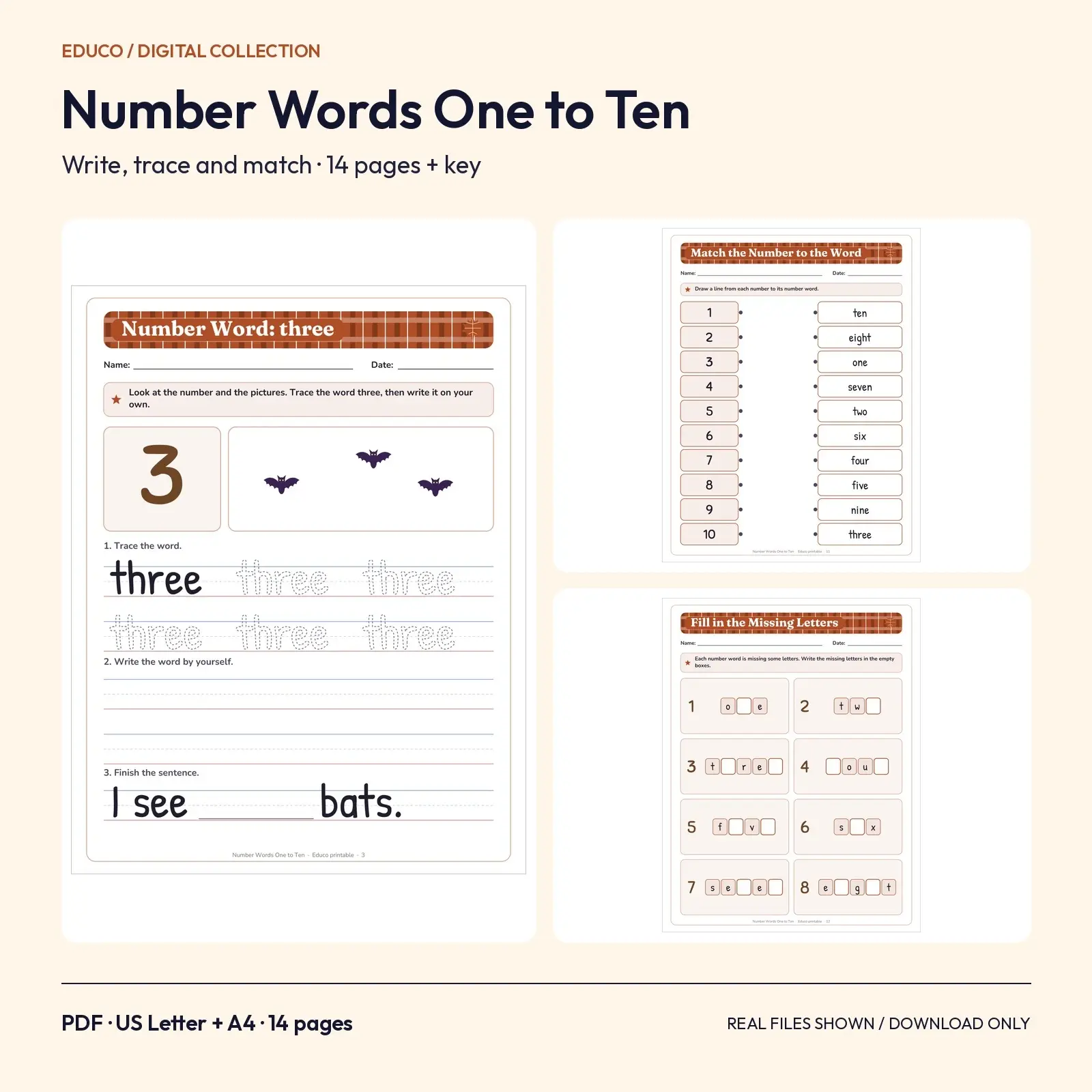 Number Words One to Ten Handwriting Practice for Fall – 14 Printable Pages with Answer Key preview