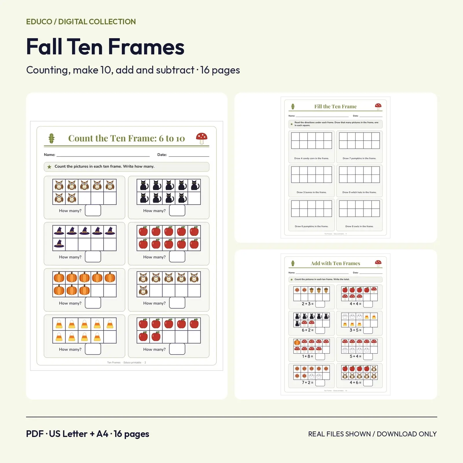 Fall Ten Frames Worksheets for Kindergarten and Grade 1 – 16 Printable Pages with Answer Key preview