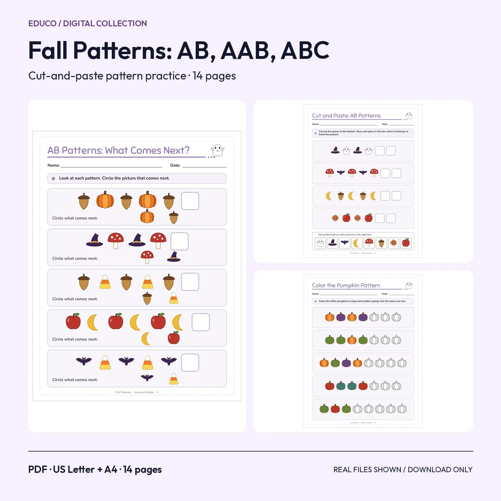 Fall Patterns Worksheets AB, AAB, ABB and ABC with Cut and Paste – 14 Printable Pages preview