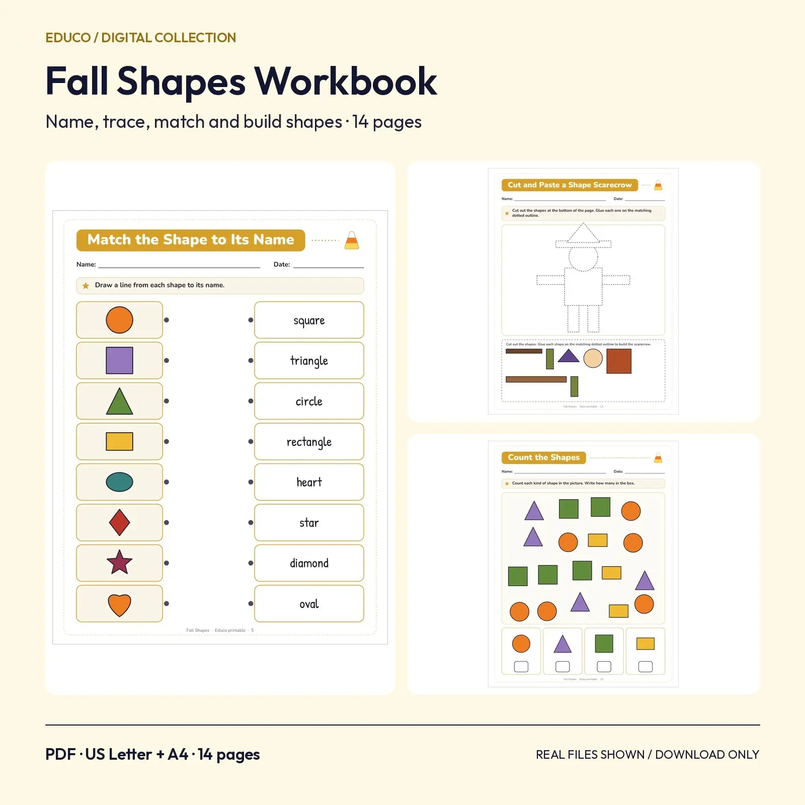 Fall Shapes Worksheets for Preschool and Kindergarten – 14 Printable Pages with Answer Key preview