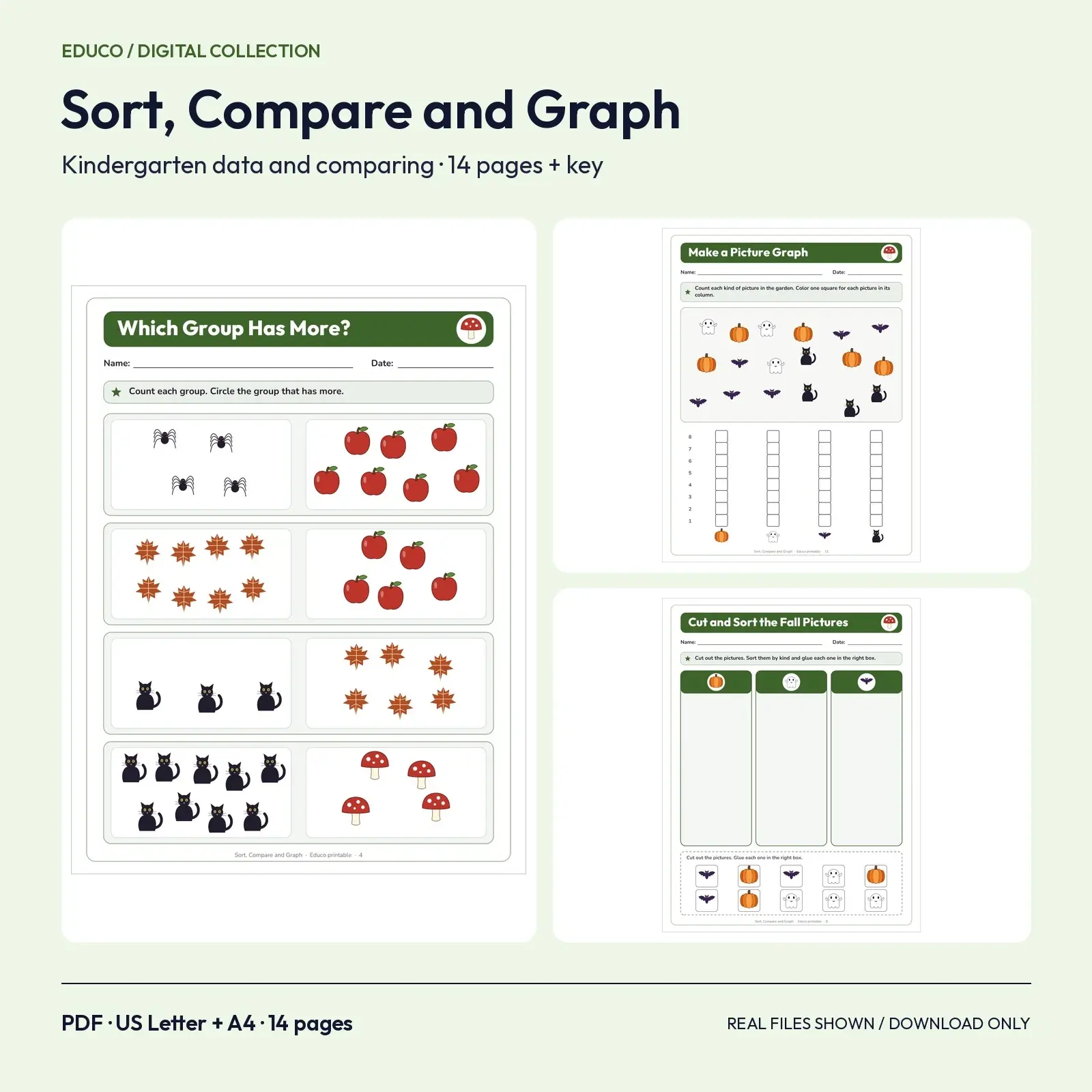 Sorting, Comparing and Picture Graphs Worksheets for Kindergarten – 14 Printable Pages preview