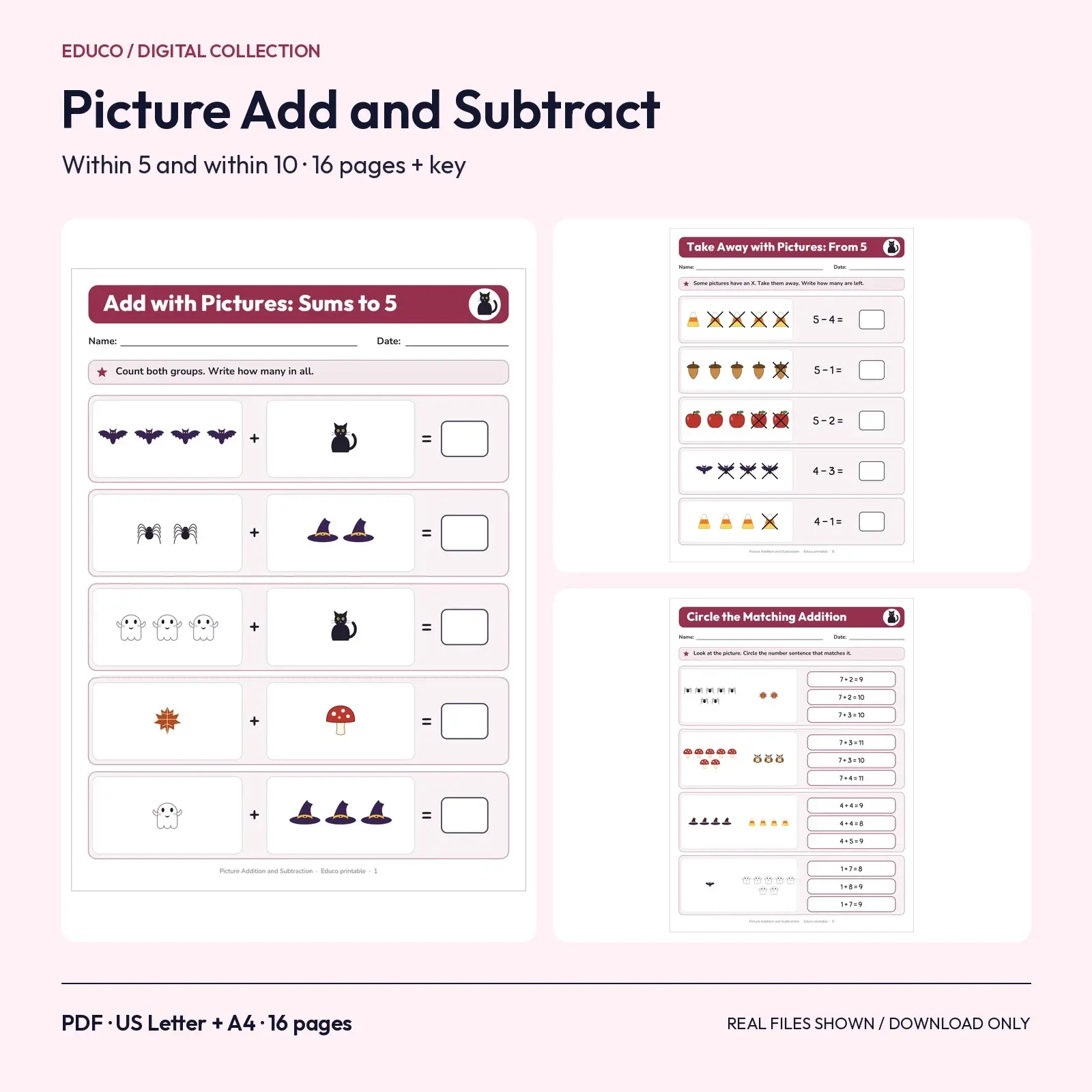 Beginning Addition and Subtraction with Pictures Within 10 – 16 Printable Fall Pages preview